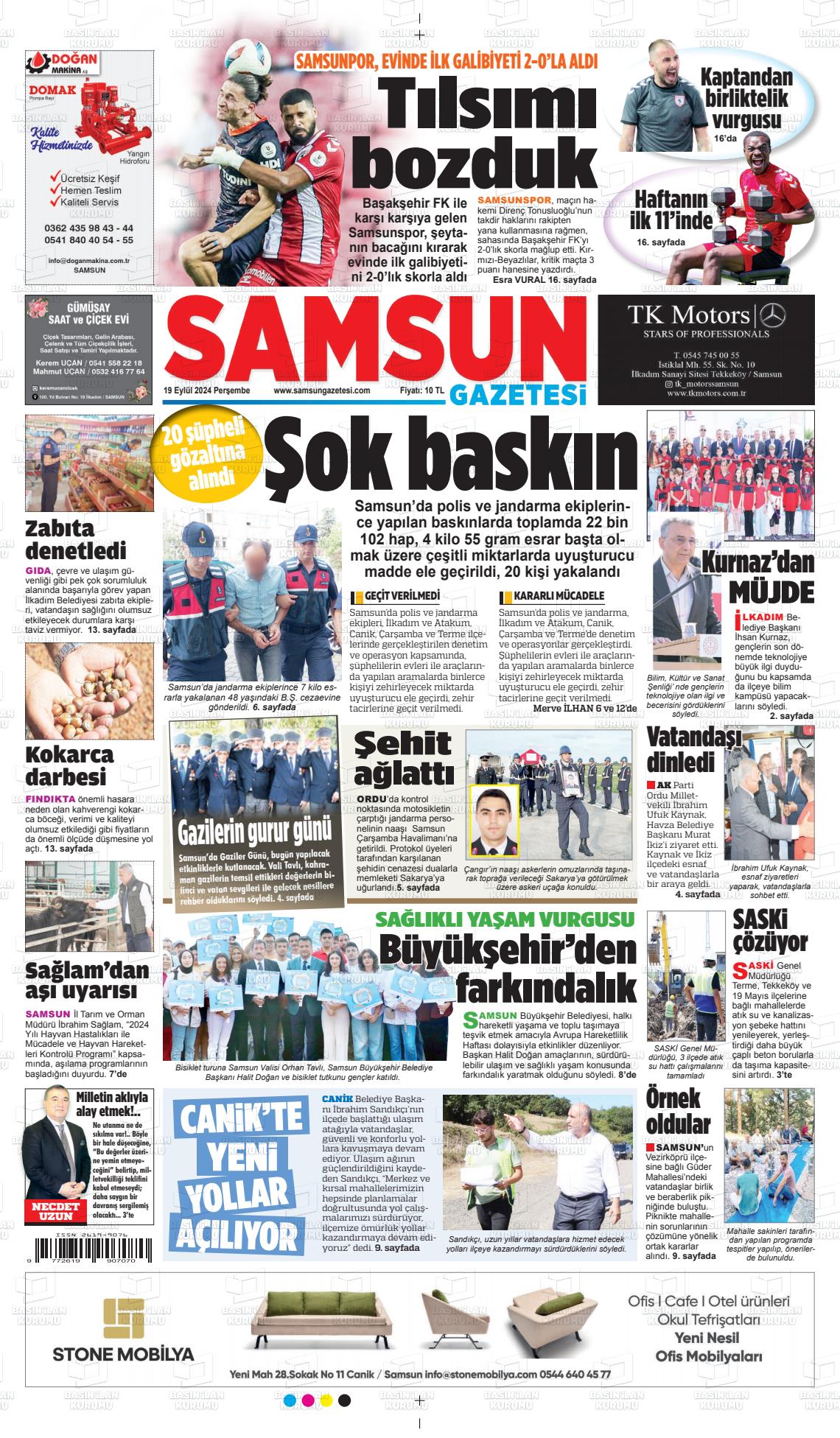 19 Eylül 2024 Samsun Gazete Manşeti