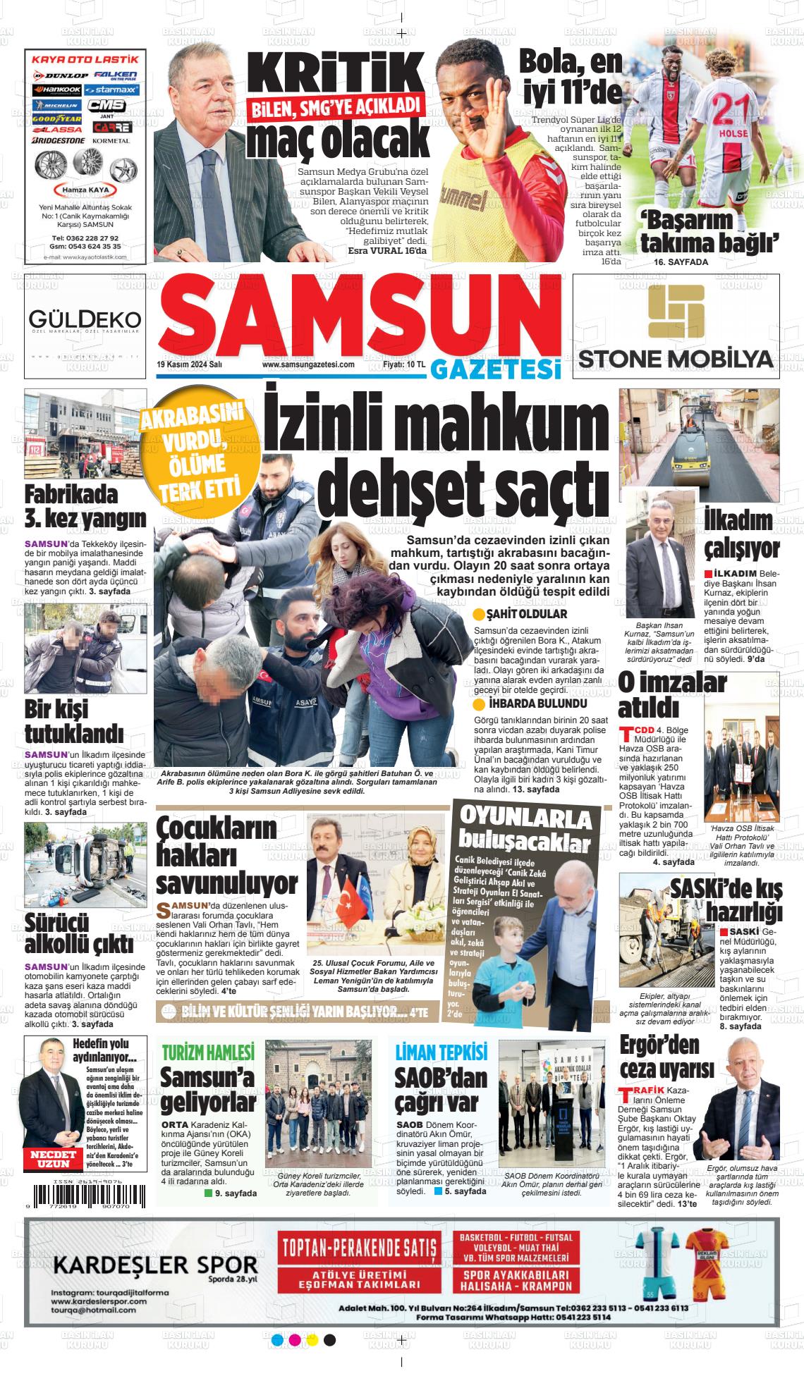 19 Kasım 2024 Samsun Gazete Manşeti