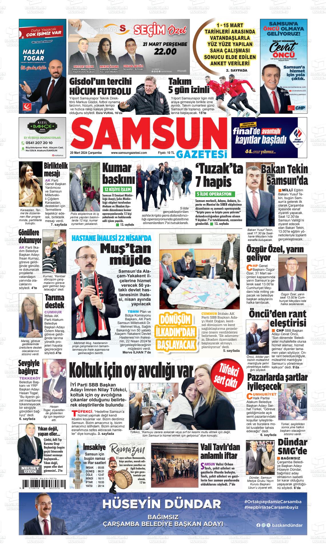 20 Mart 2024 Samsun Gazete Manşeti