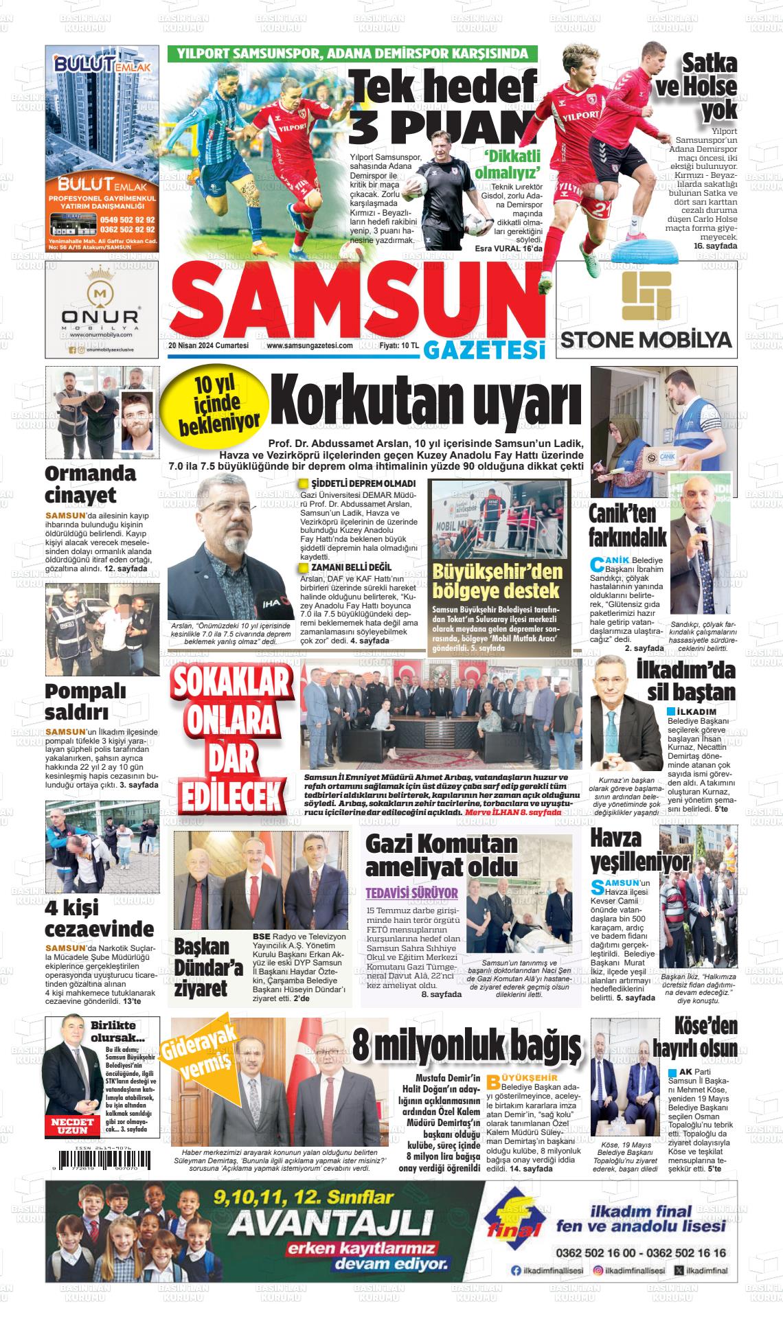 20 Nisan 2024 Samsun Gazete Manşeti