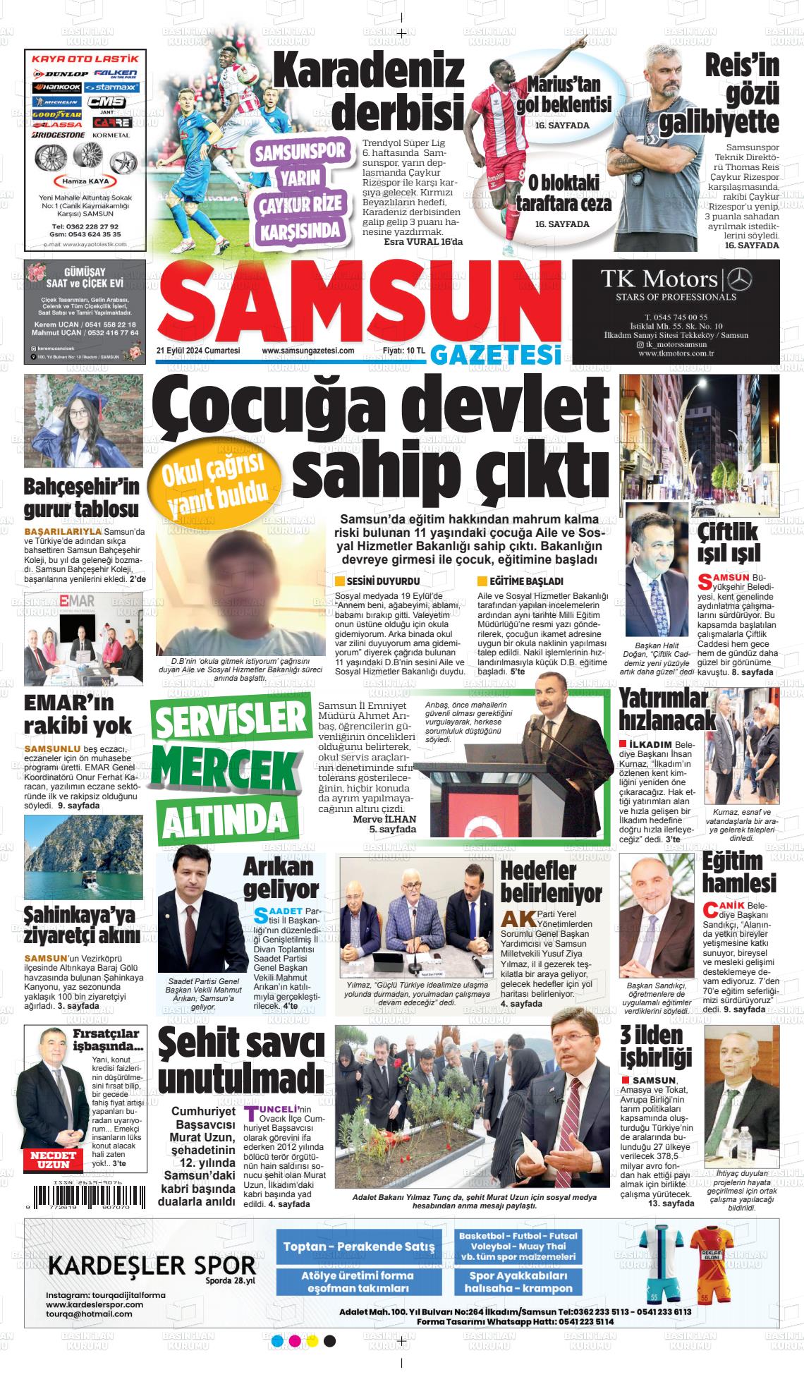 21 Eylül 2024 Samsun Gazete Manşeti