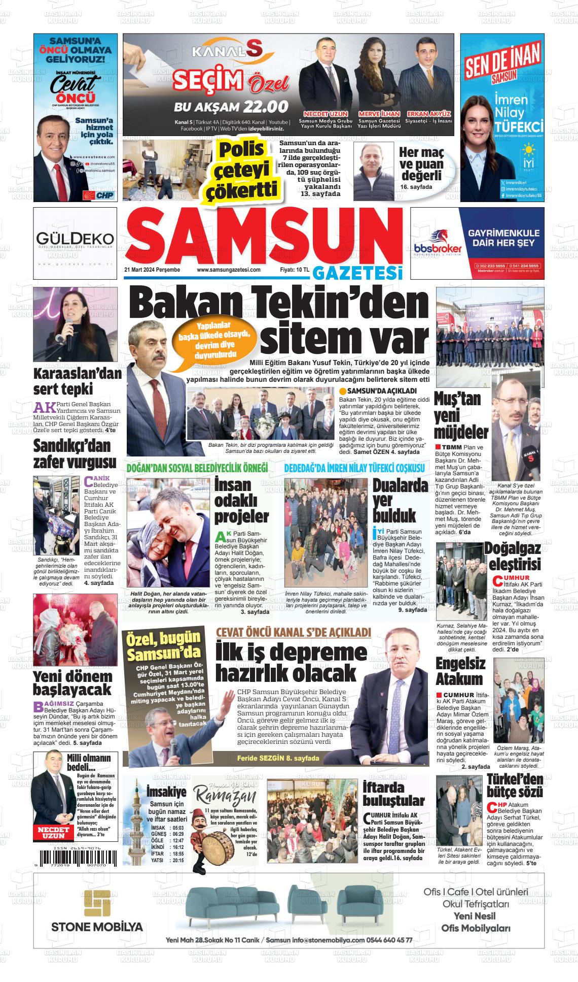 21 Mart 2024 Samsun Gazete Manşeti