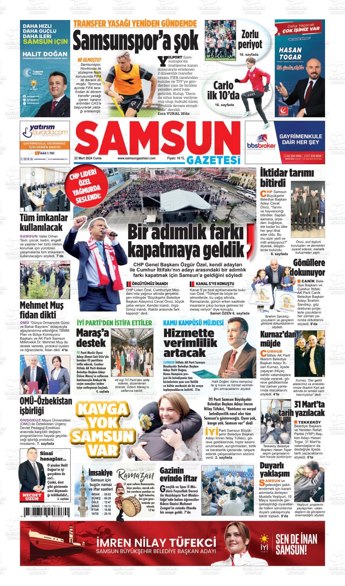 22 Mart 2024 Samsun Gazete Manşeti