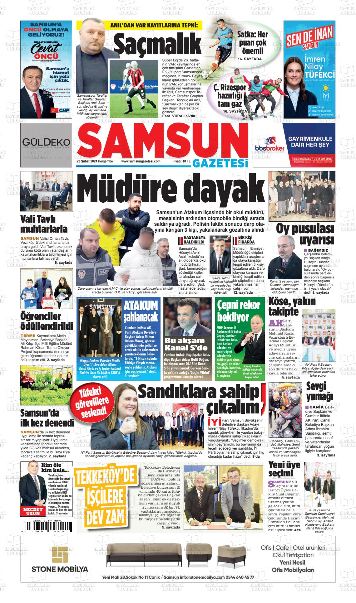 22 Şubat 2024 Samsun Gazete Manşeti