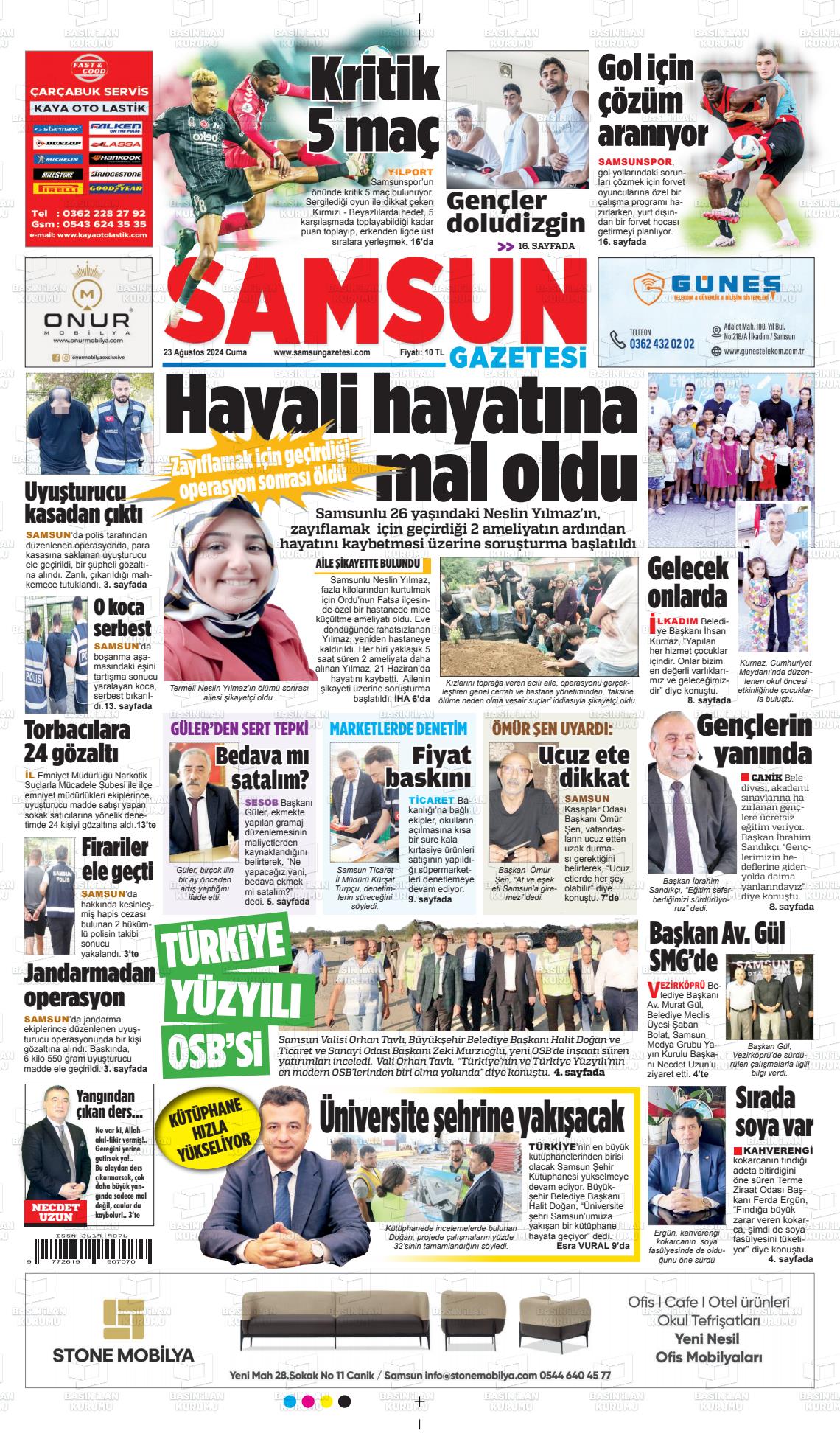 23 Ağustos 2024 Samsun Gazete Manşeti