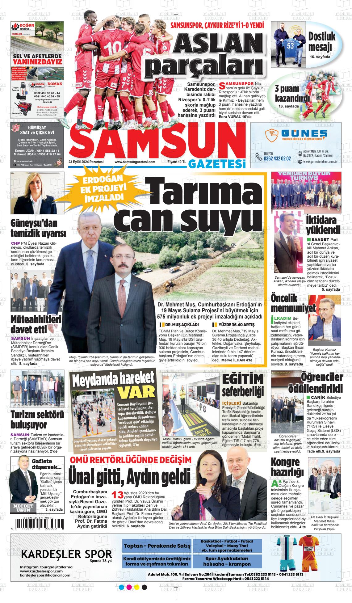 23 Eylül 2024 Samsun Gazete Manşeti