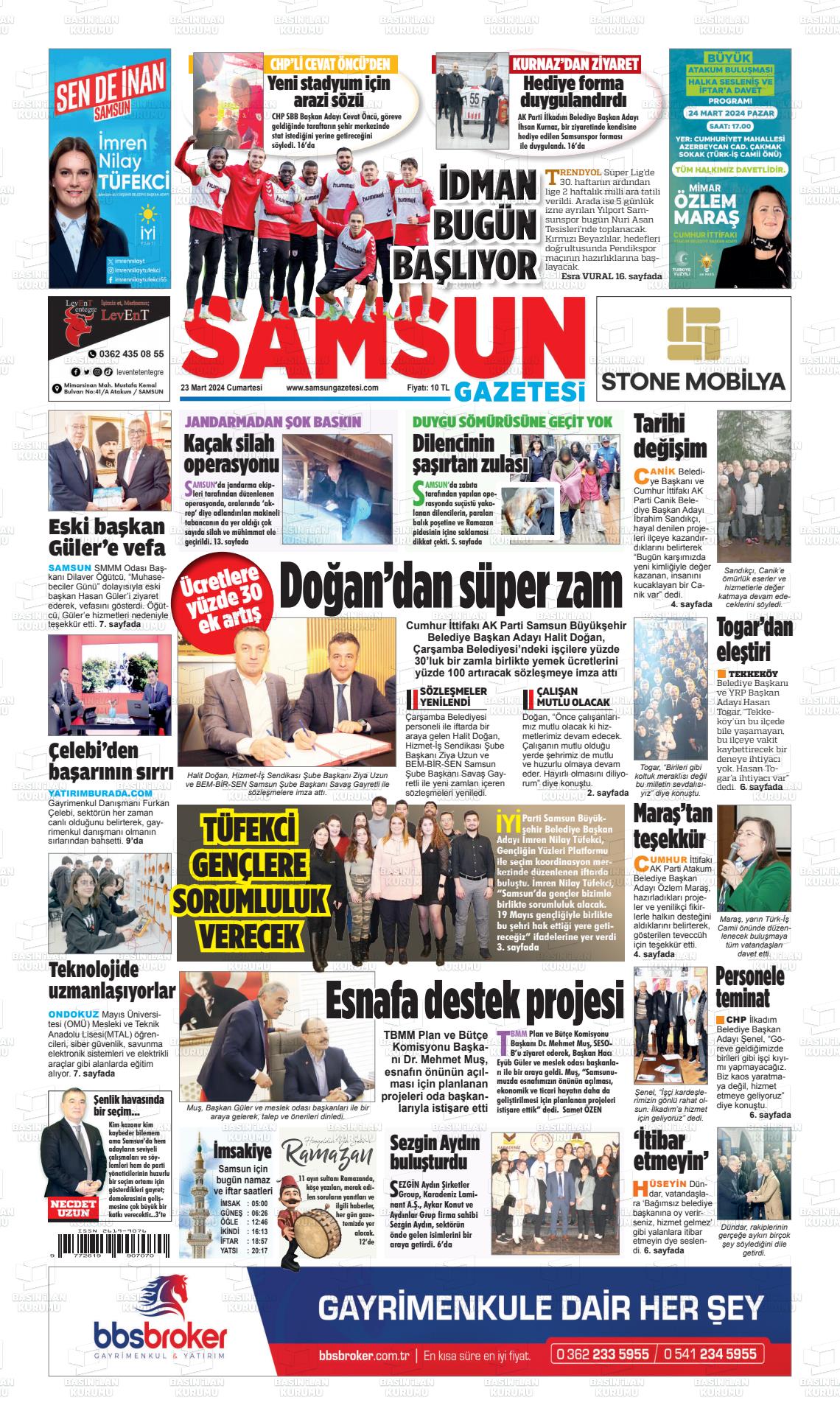 23 Mart 2024 Samsun Gazete Manşeti