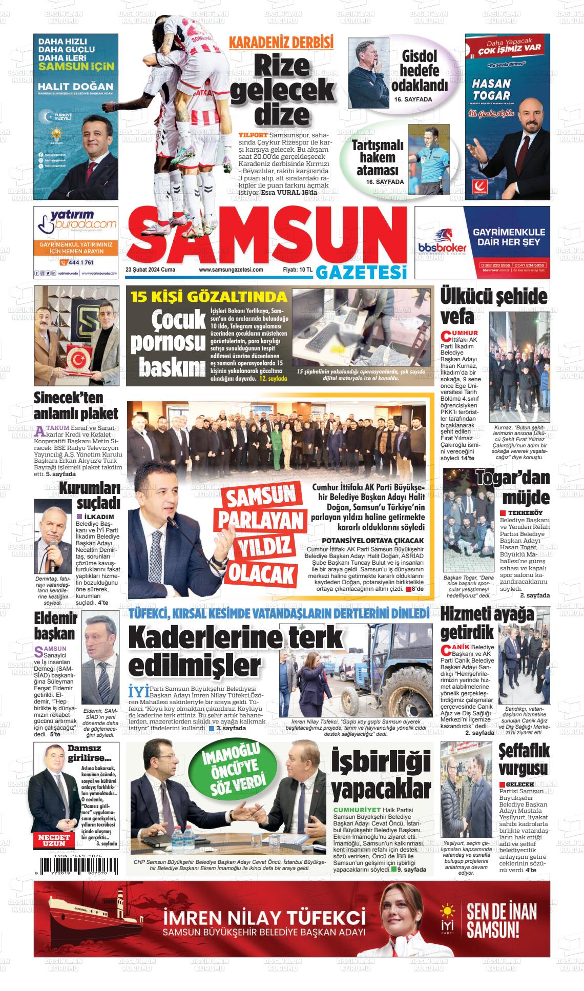 23 Şubat 2024 Samsun Gazete Manşeti