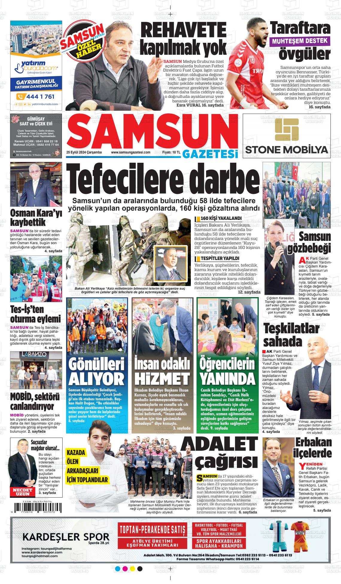 25 Eylül 2024 Samsun Gazete Manşeti