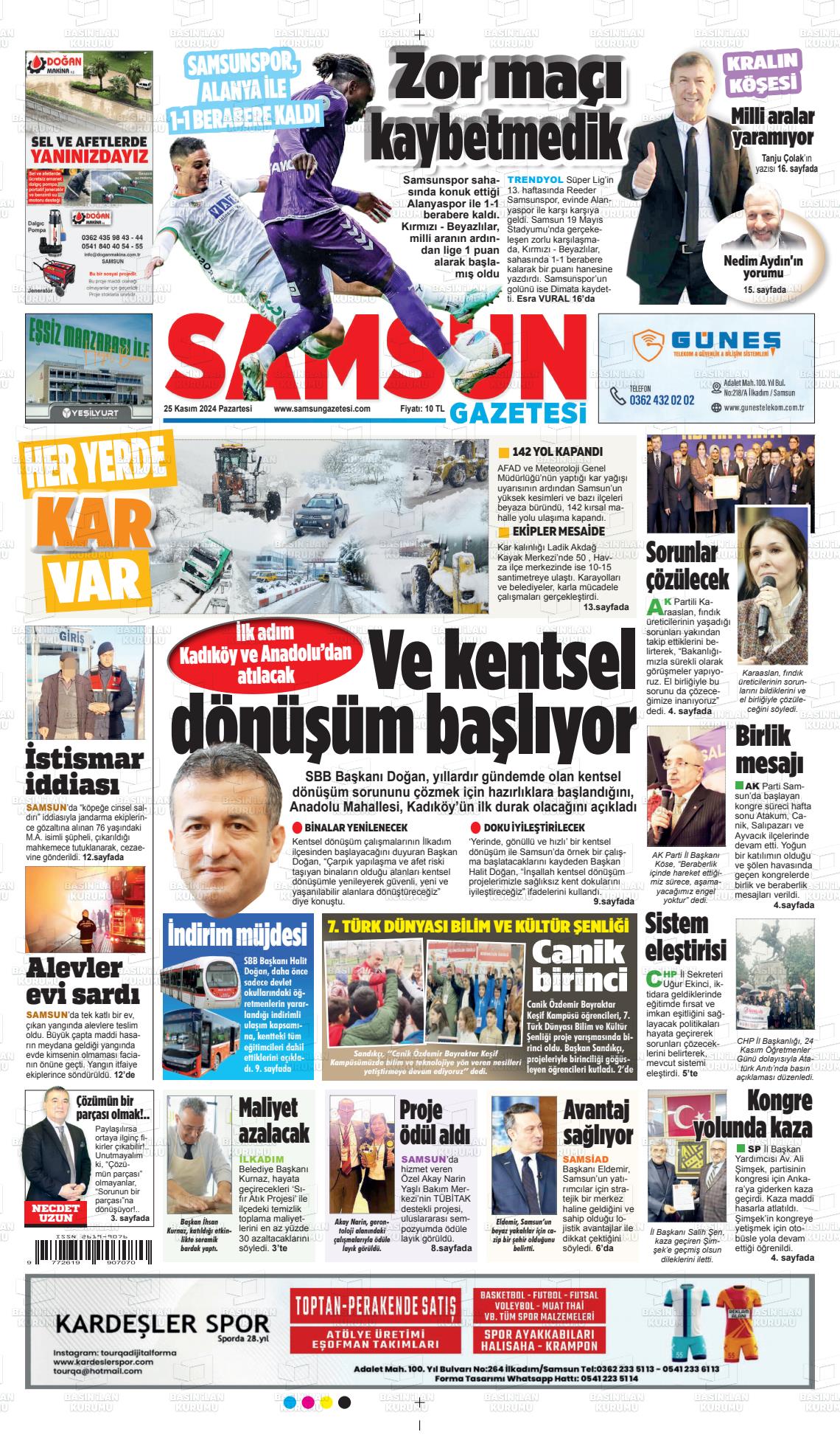 25 Kasım 2024 Samsun Gazete Manşeti