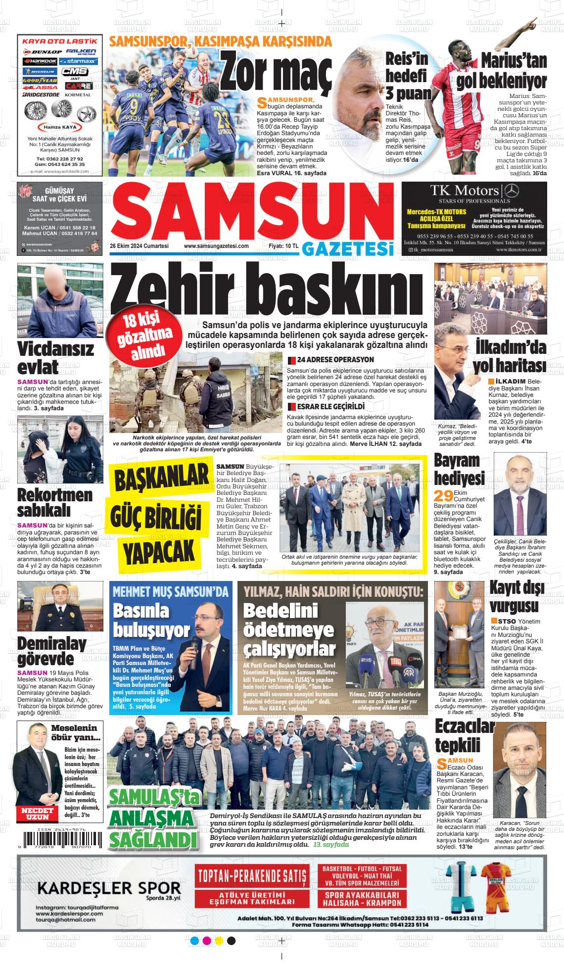 26 Ekim 2024 Samsun Gazete Manşeti