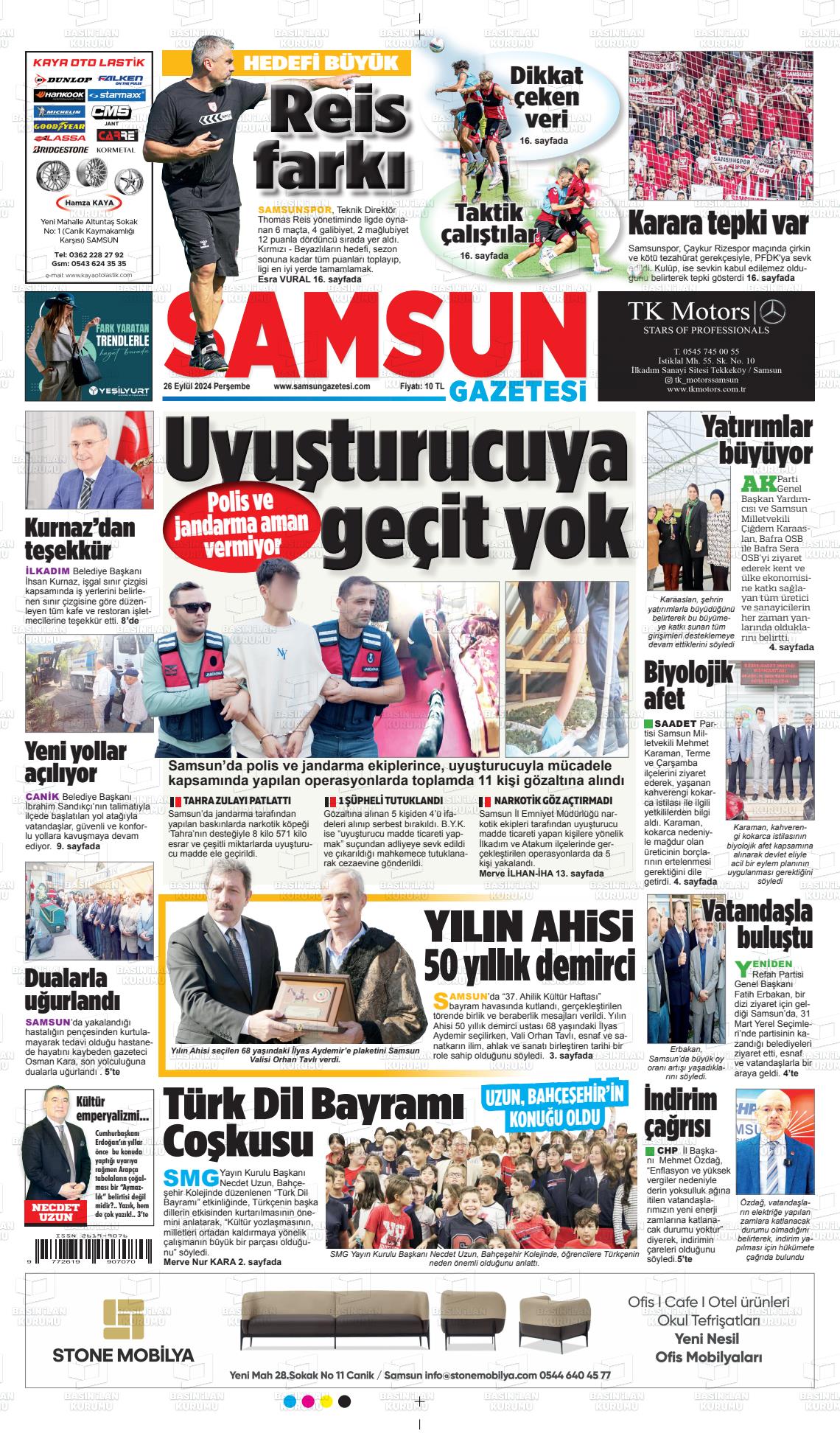 26 Eylül 2024 Samsun Gazete Manşeti