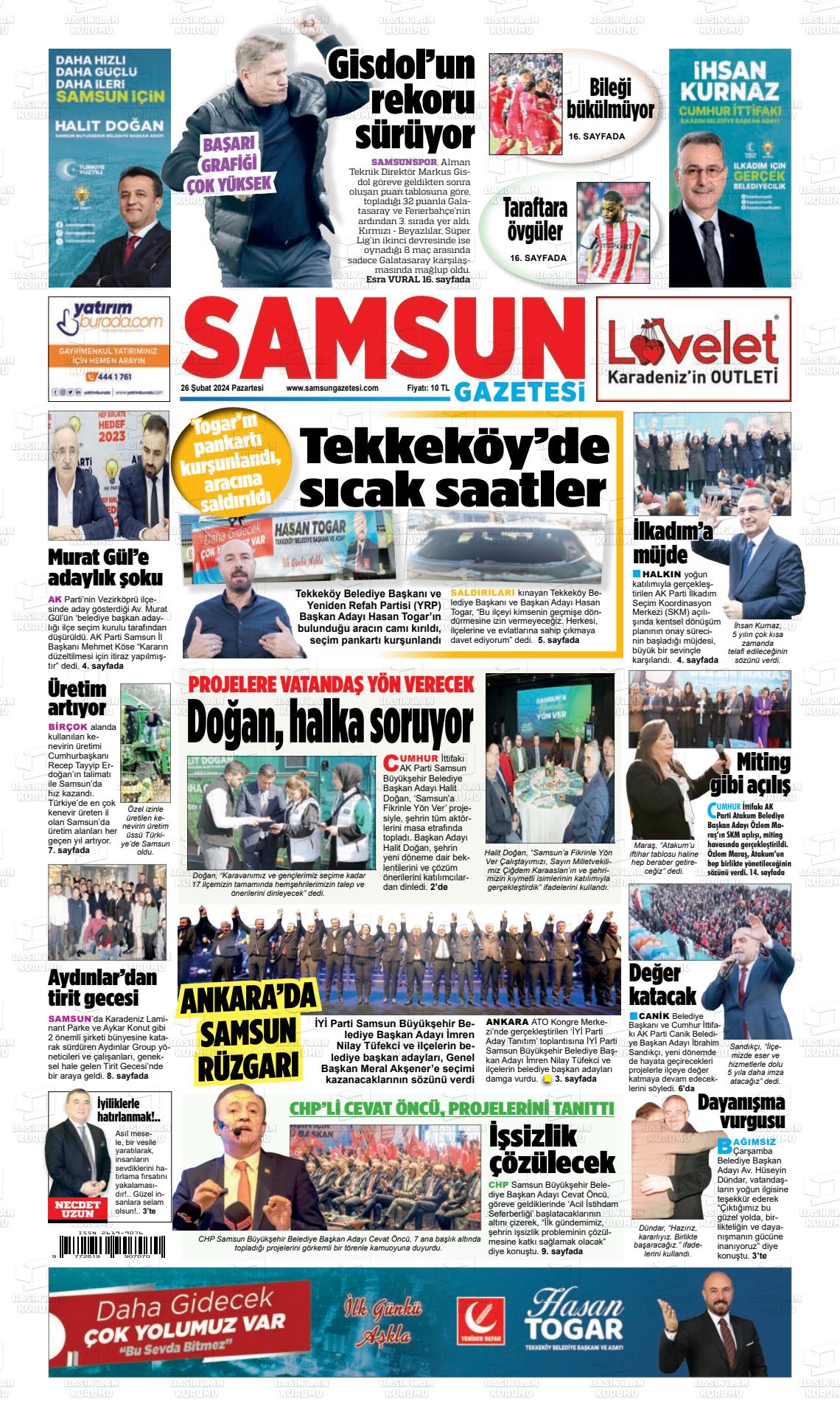 26 Şubat 2024 Samsun Gazete Manşeti