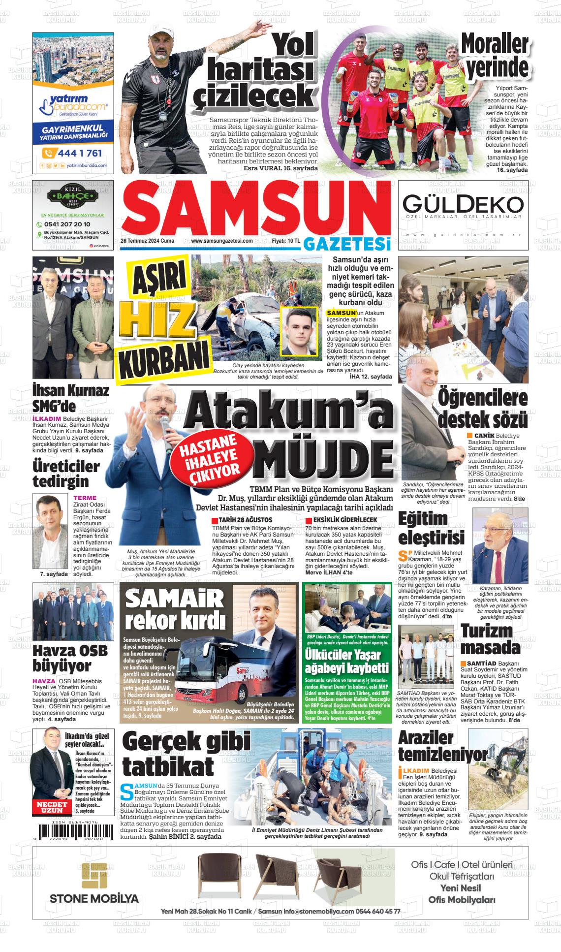 26 Temmuz 2024 Samsun Gazete Manşeti