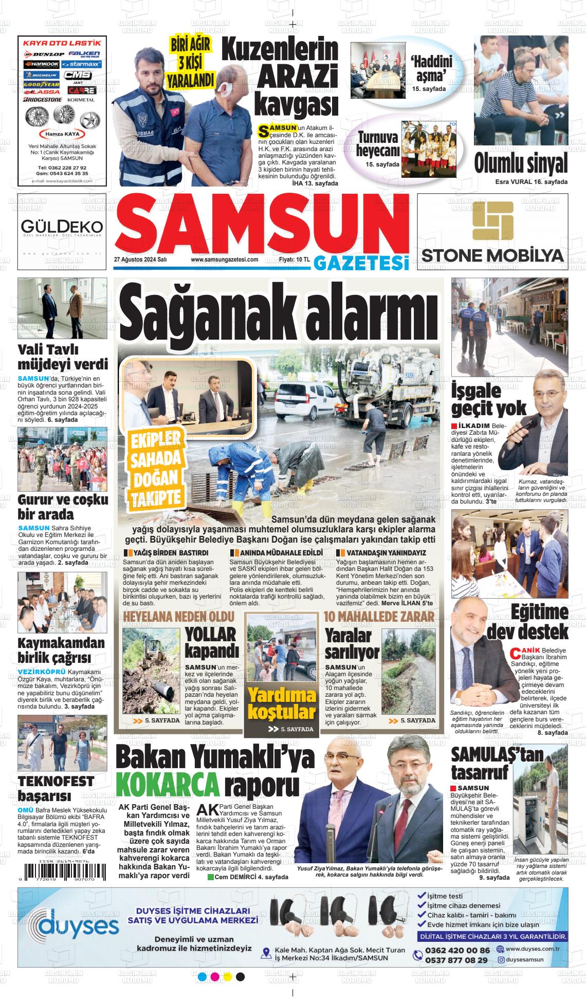 27 Ağustos 2024 Samsun Gazete Manşeti