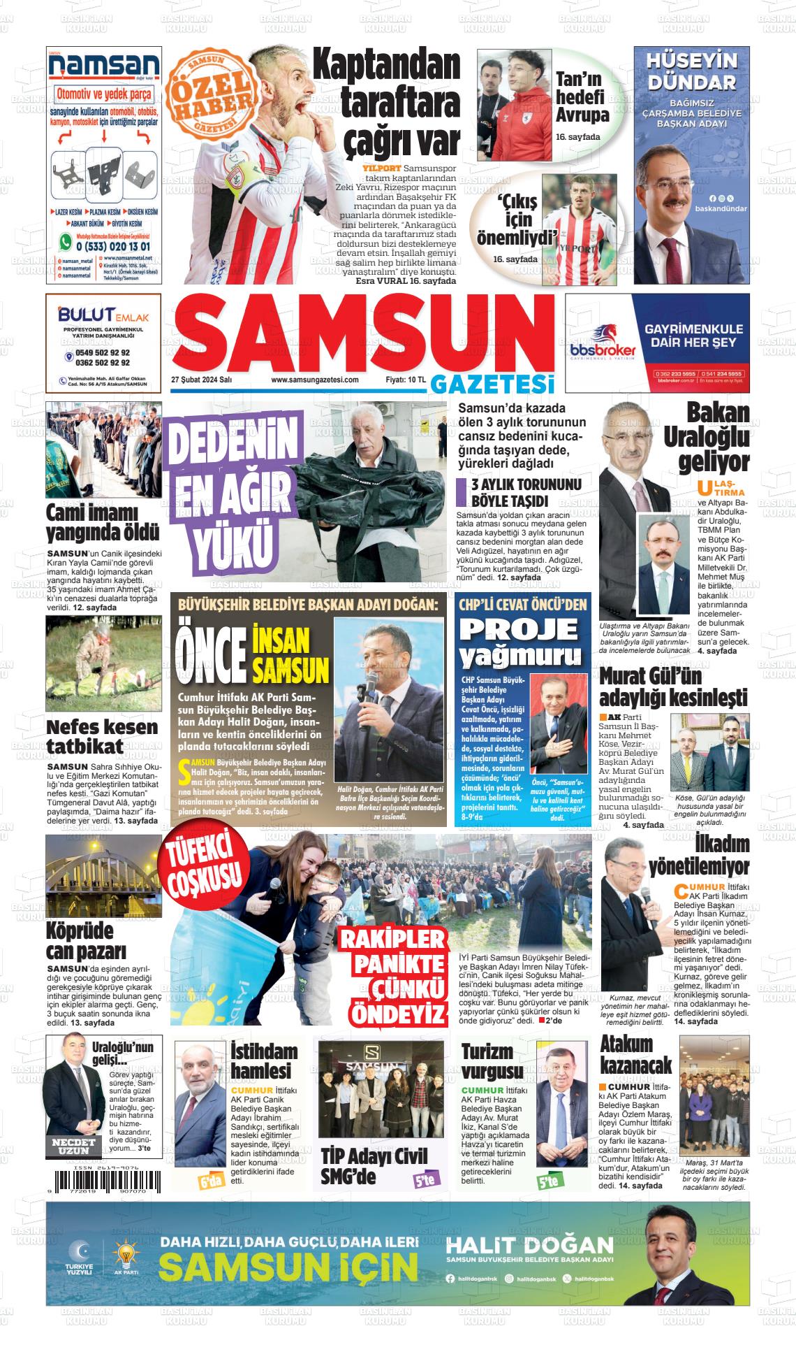 27 Şubat 2024 Samsun Gazete Manşeti