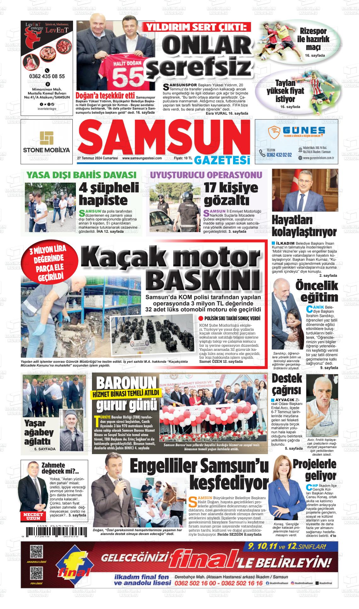 27 Temmuz 2024 Samsun Gazete Manşeti