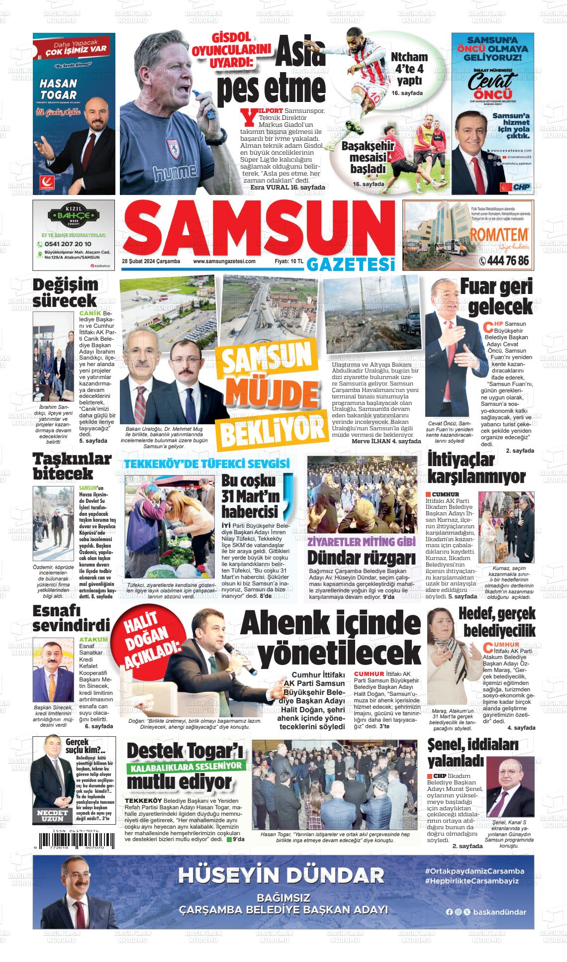 28 Şubat 2024 Samsun Gazete Manşeti