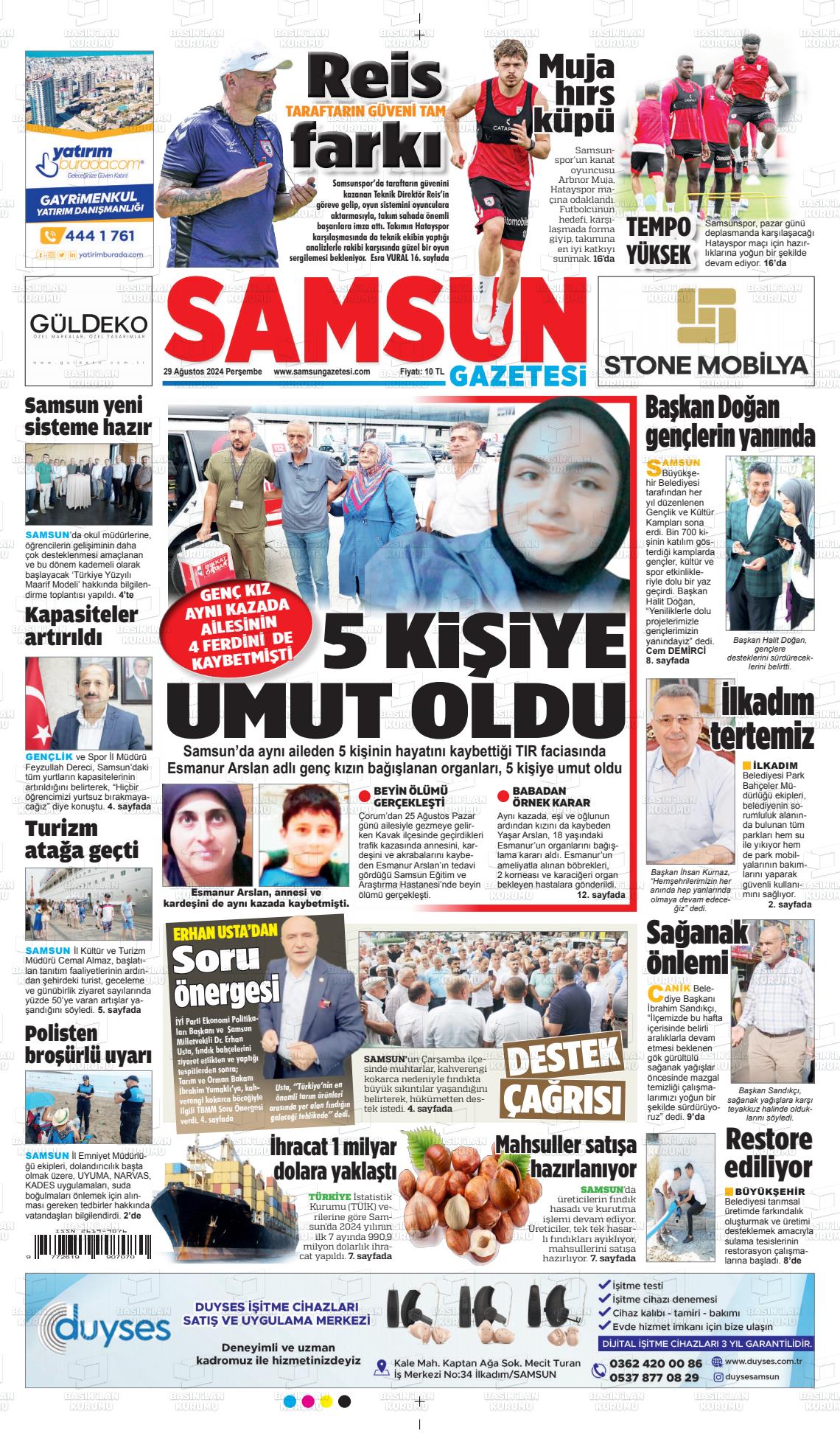 29 Ağustos 2024 Samsun Gazete Manşeti