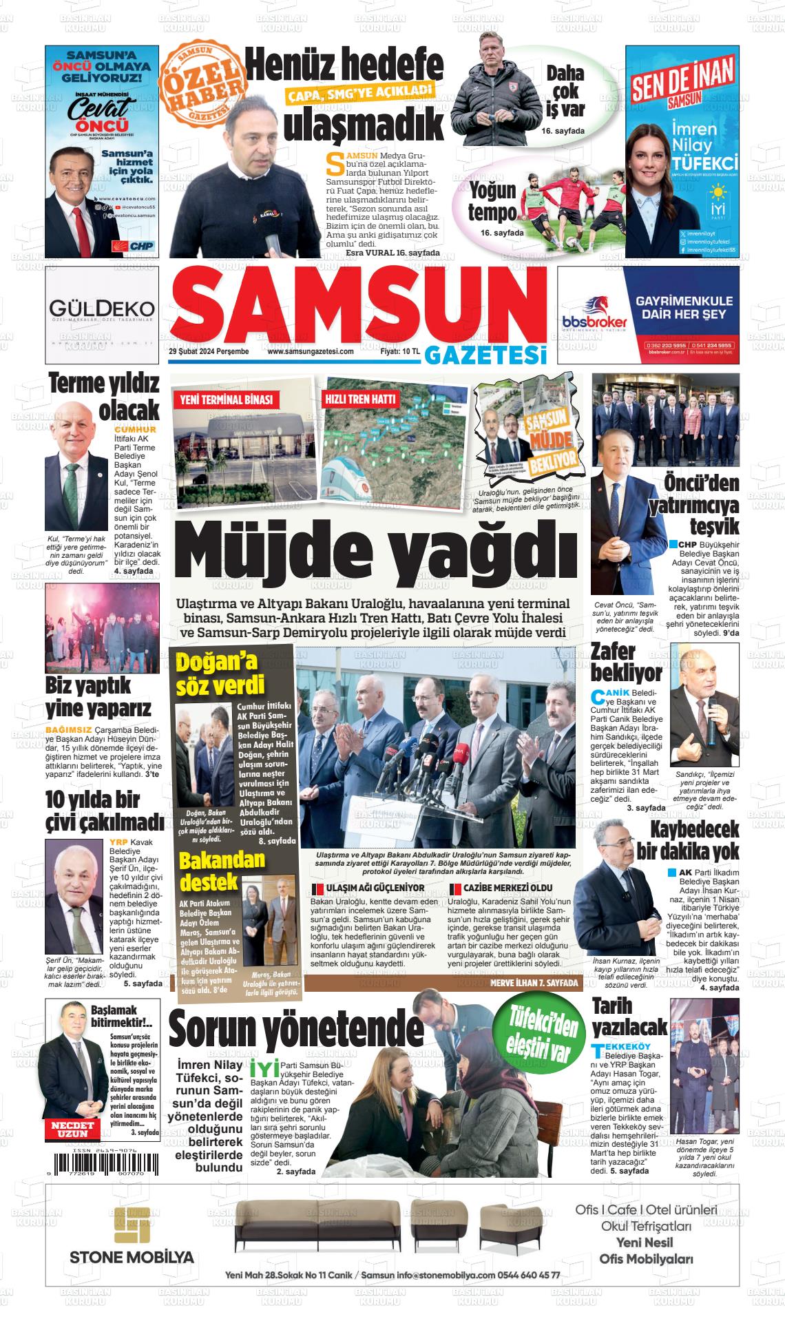 29 Şubat 2024 Samsun Gazete Manşeti