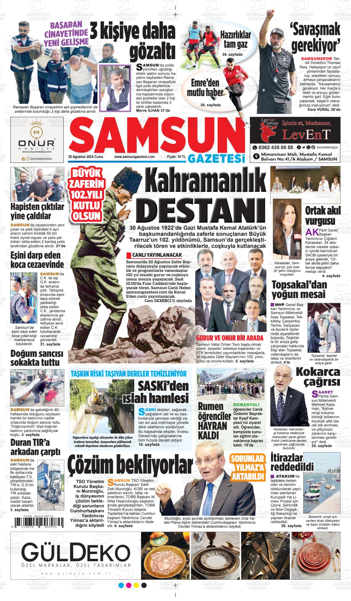 30 Ağustos 2024 Samsun Gazete Manşeti