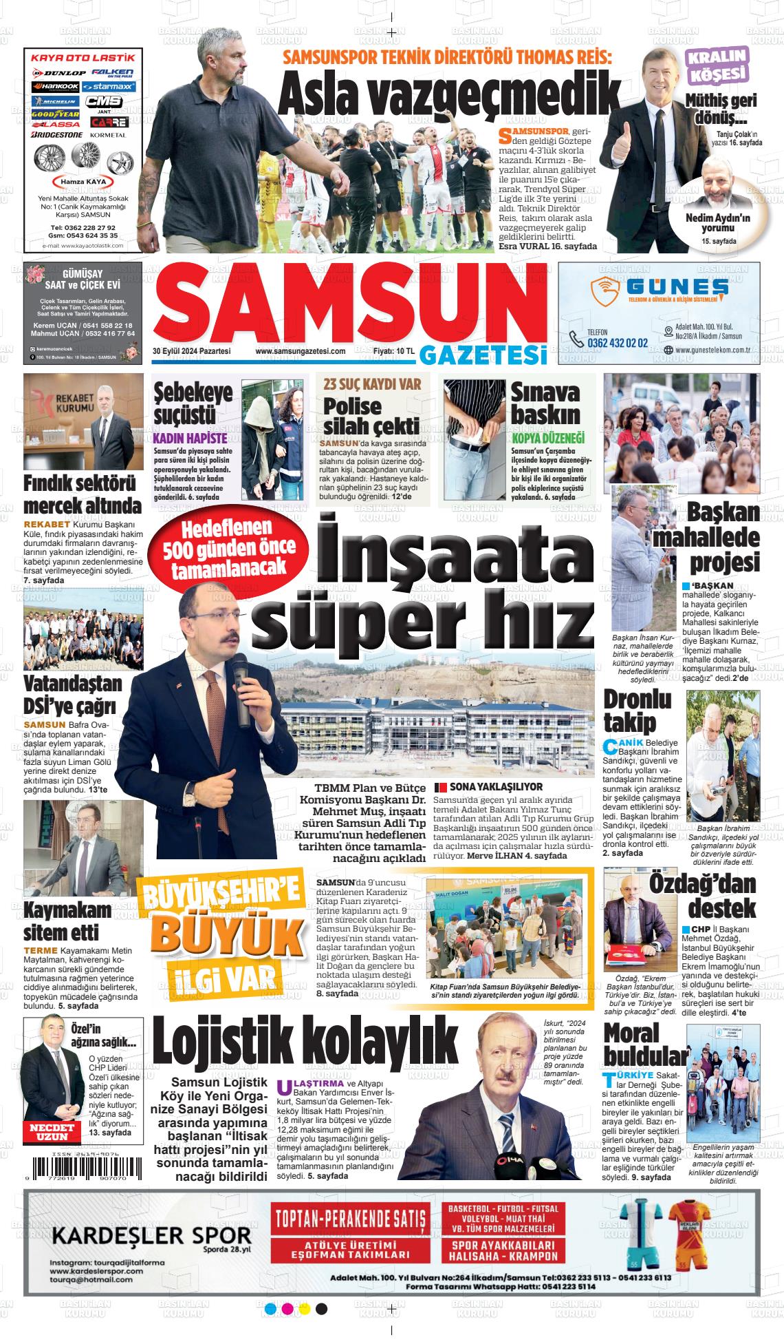 30 Eylül 2024 Samsun Gazete Manşeti