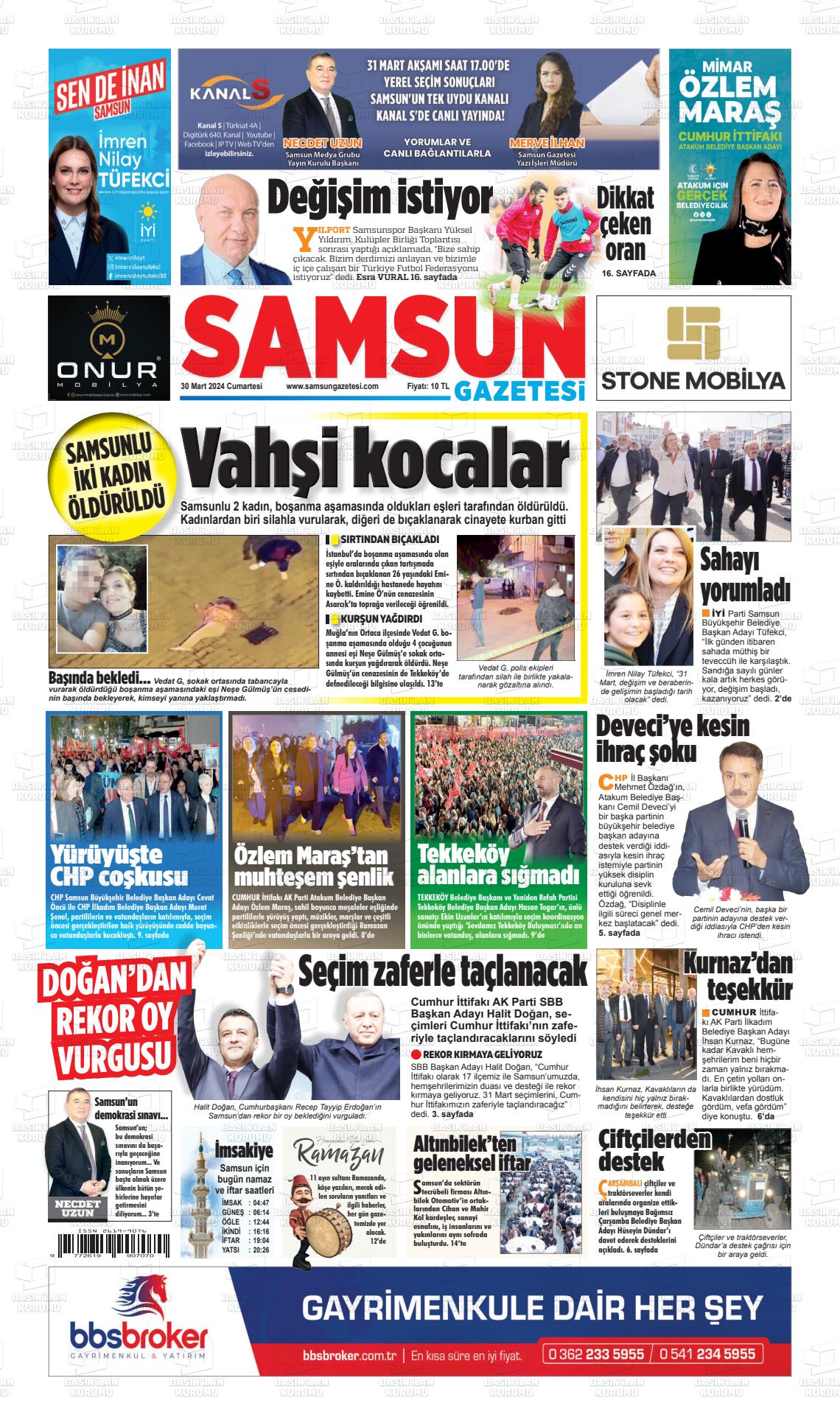 30 Mart 2024 Samsun Gazete Manşeti