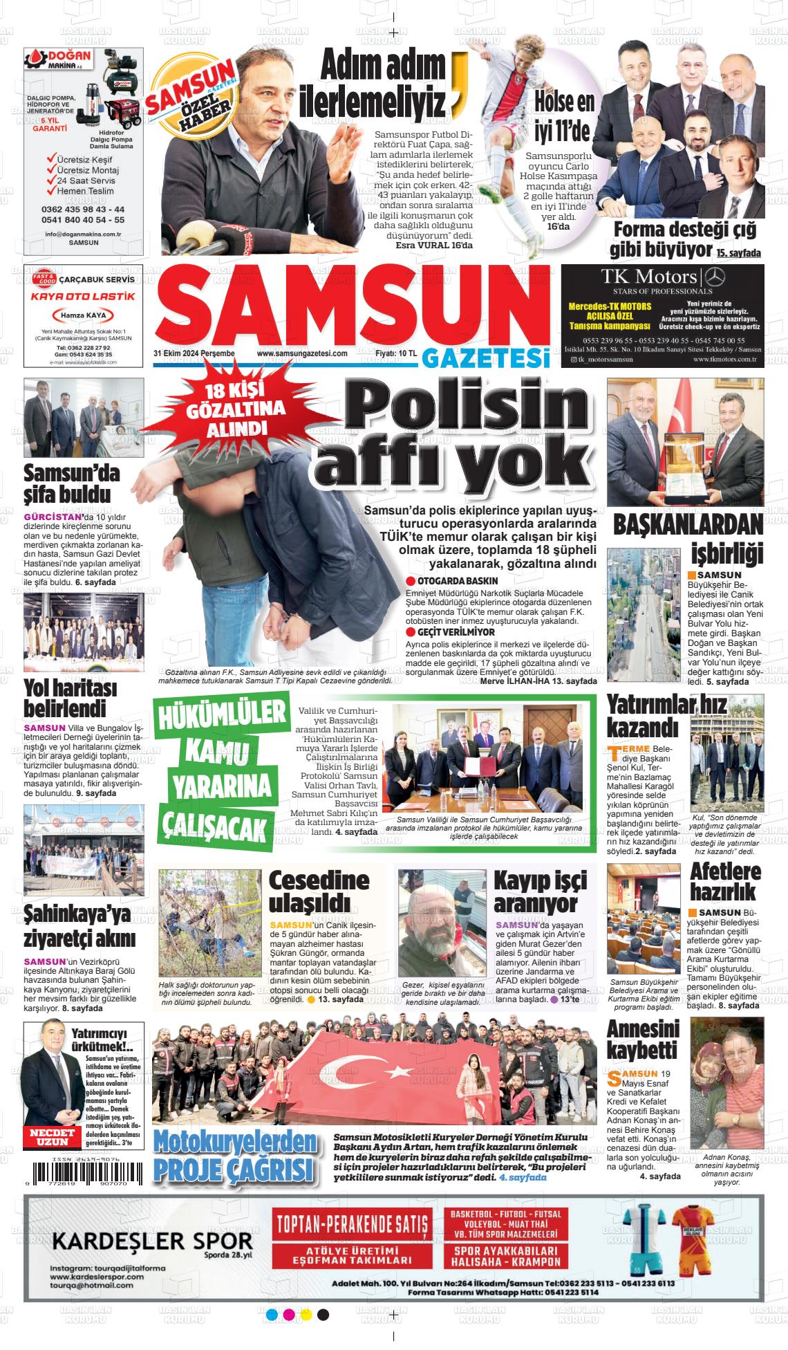 31 Ekim 2024 Samsun Gazete Manşeti