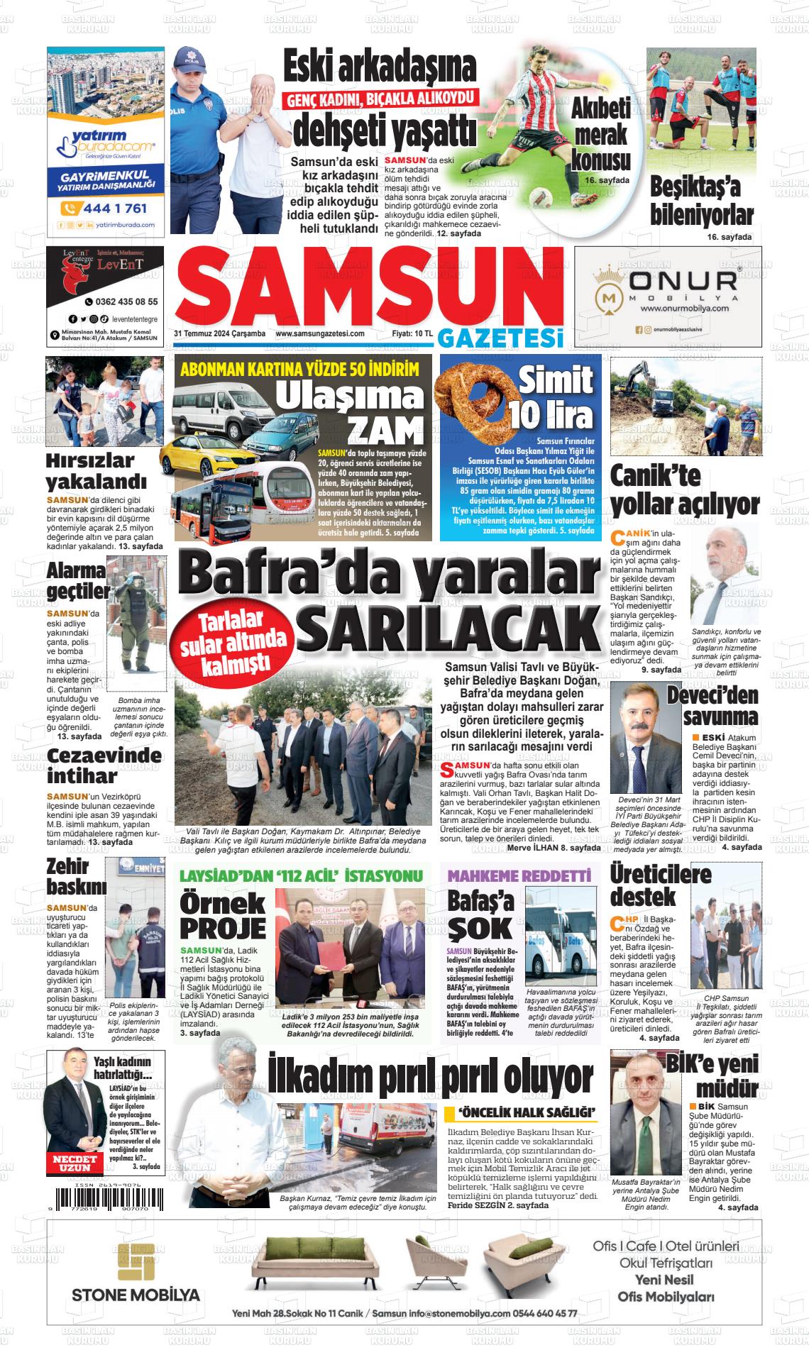 31 Temmuz 2024 Samsun Gazete Manşeti