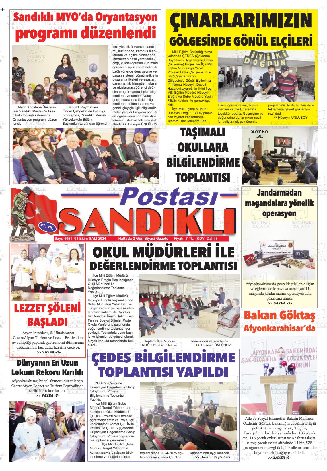 01 Ekim 2024 Sandıklı Postası Gazete Manşeti