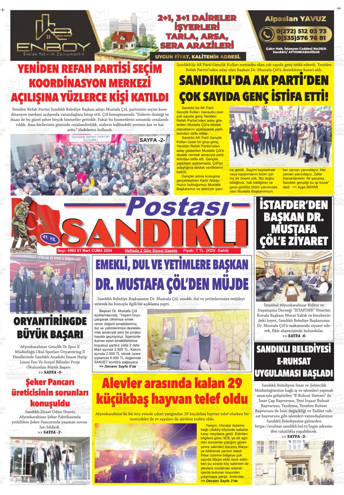 01 Mart 2024 Sandıklı Postası Gazete Manşeti