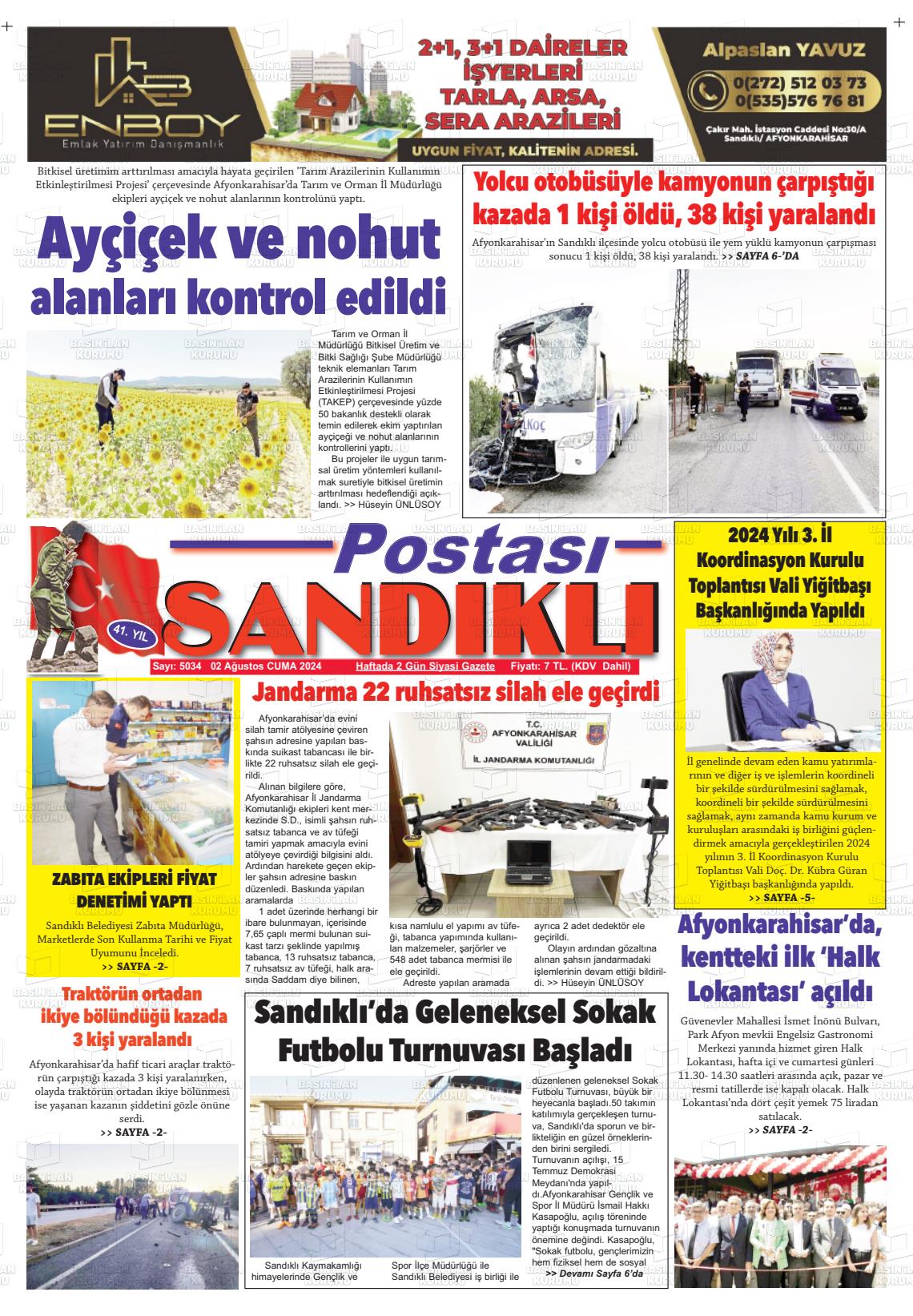 02 Ağustos 2024 Sandıklı Postası Gazete Manşeti