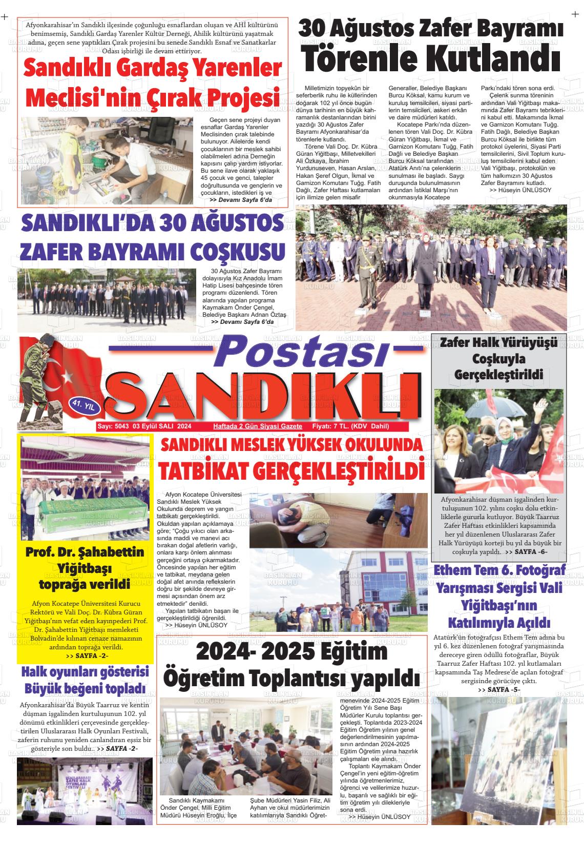 03 Eylül 2024 Sandıklı Postası Gazete Manşeti