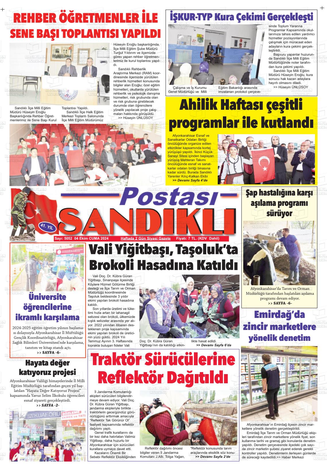 04 Ekim 2024 Sandıklı Postası Gazete Manşeti