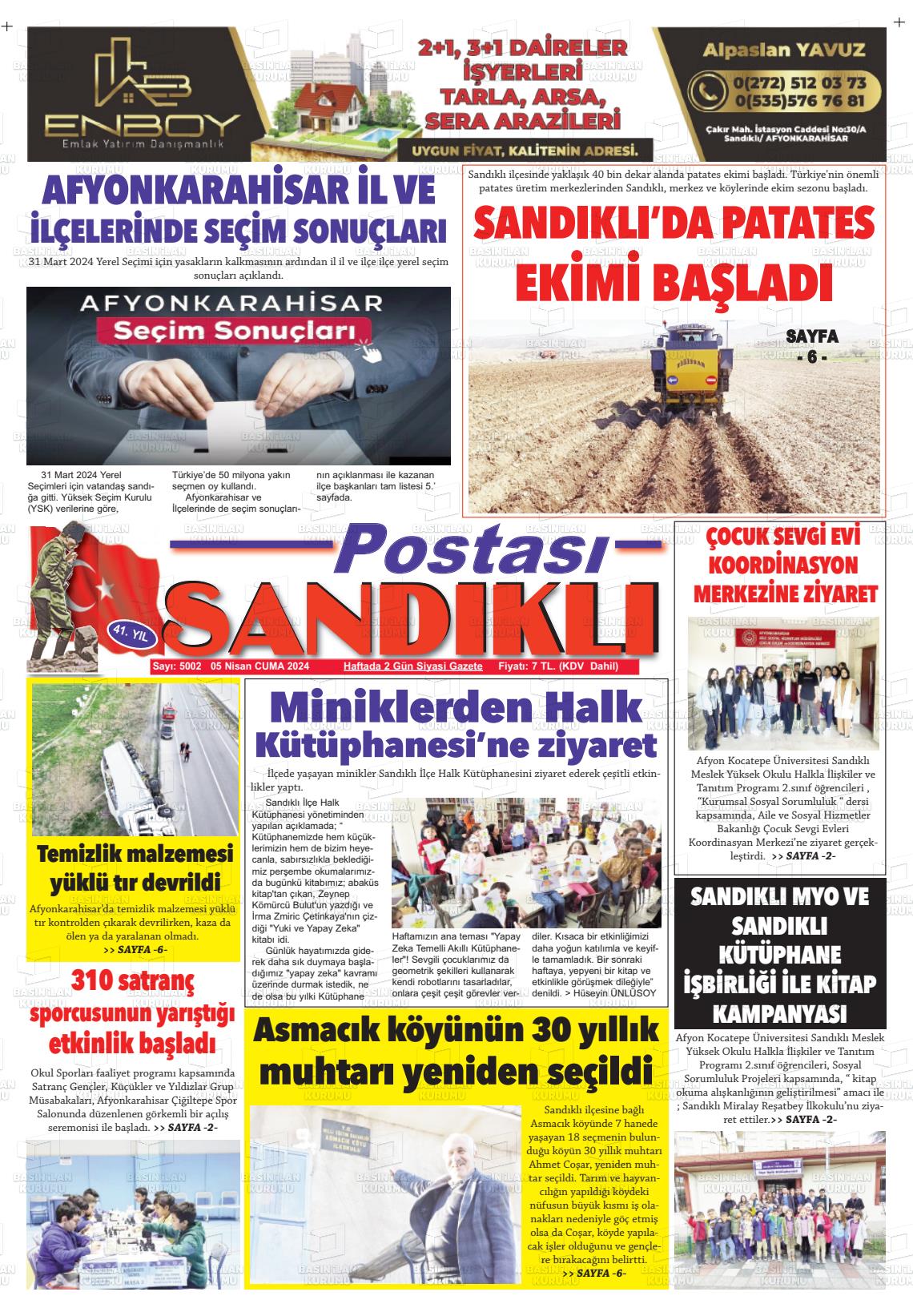 05 Nisan 2024 Sandıklı Postası Gazete Manşeti