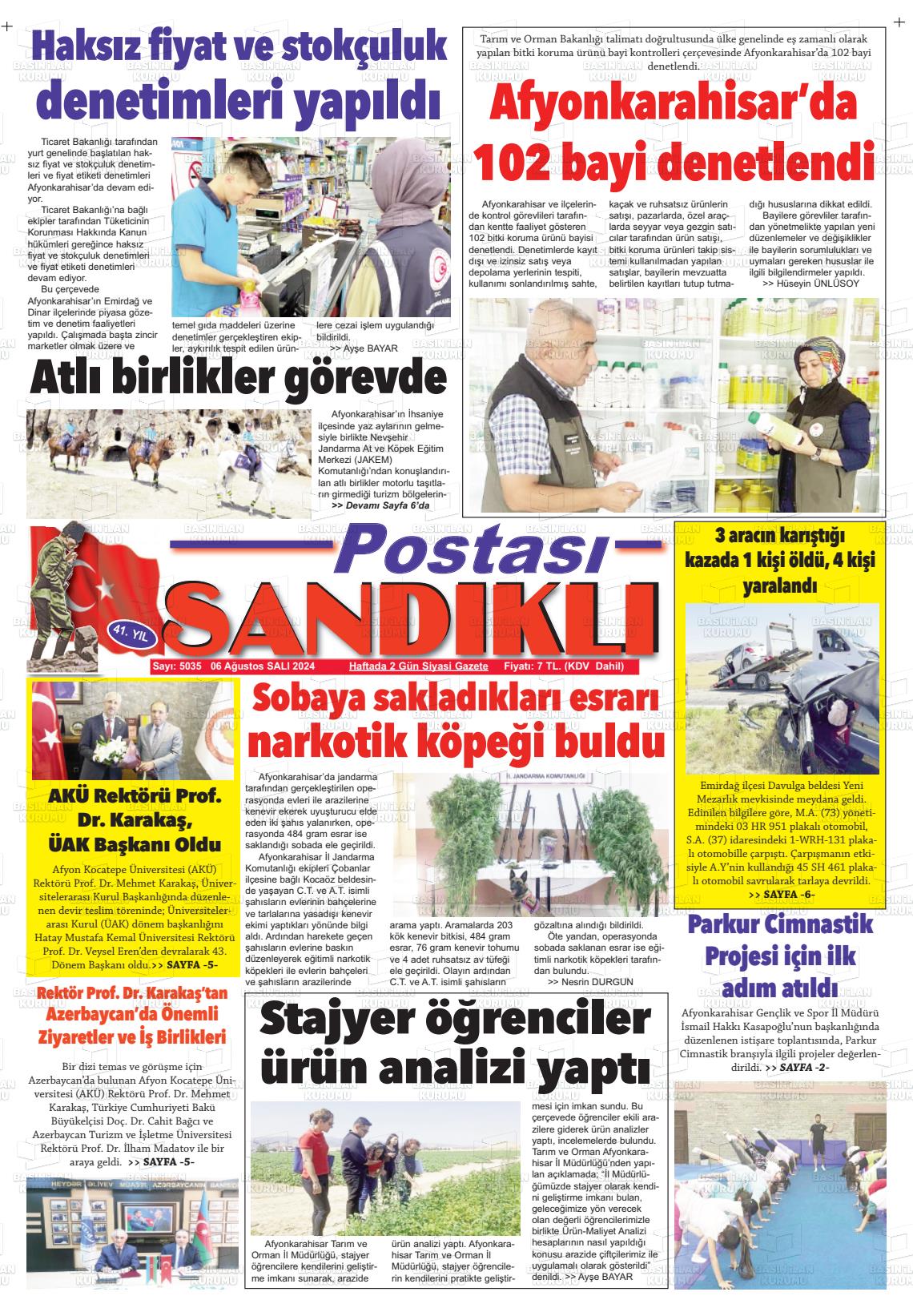 06 Ağustos 2024 Sandıklı Postası Gazete Manşeti