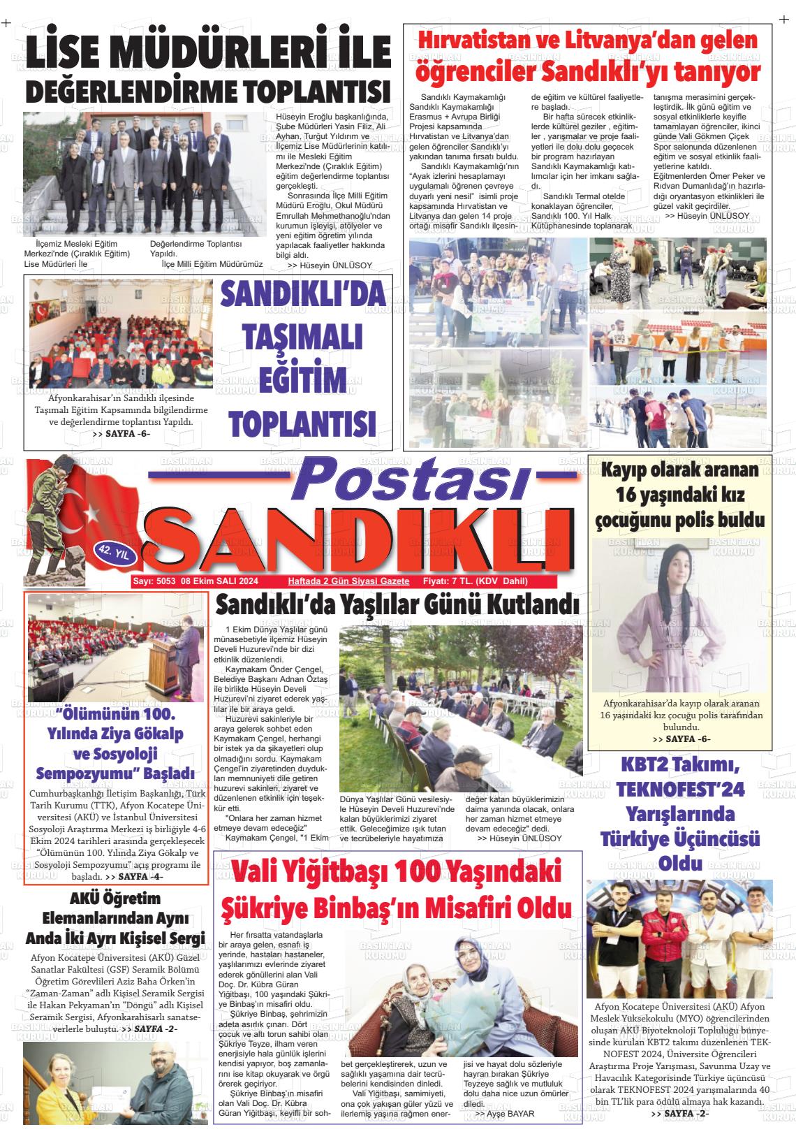 08 Ekim 2024 Sandıklı Postası Gazete Manşeti