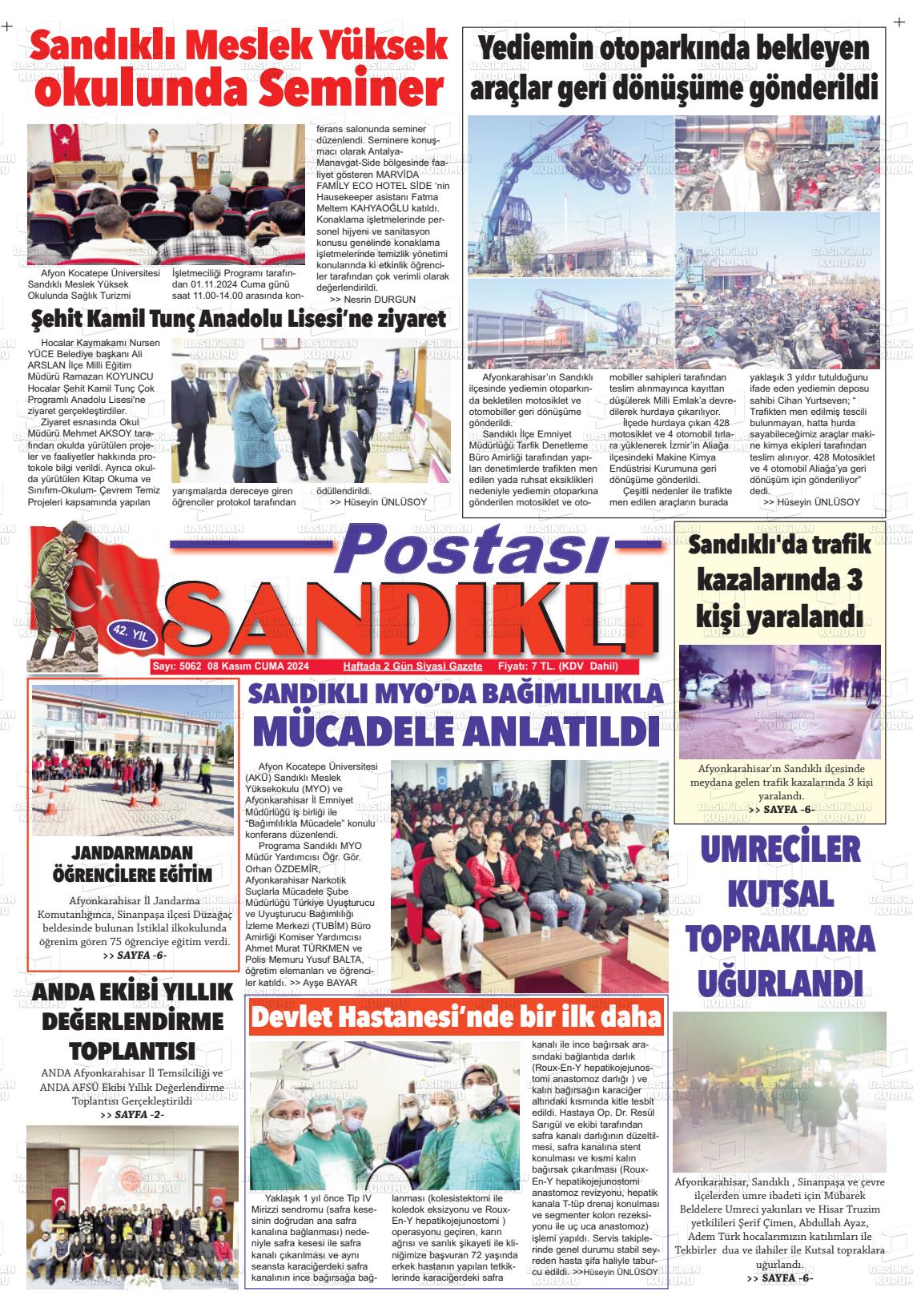 08 Kasım 2024 Sandıklı Postası Gazete Manşeti