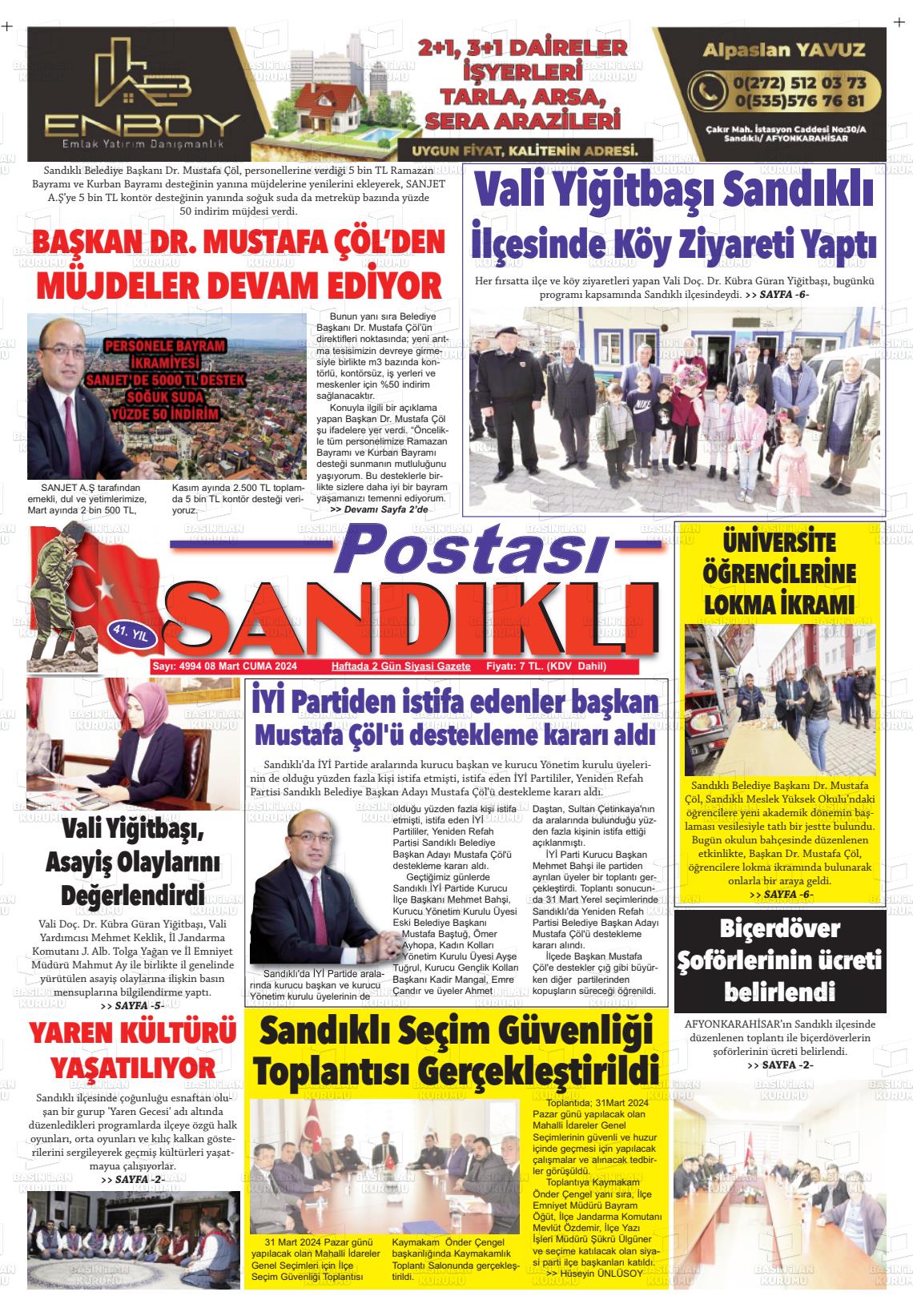 08 Mart 2024 Sandıklı Postası Gazete Manşeti