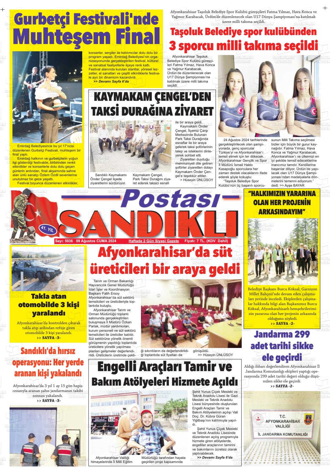 09 Ağustos 2024 Sandıklı Postası Gazete Manşeti