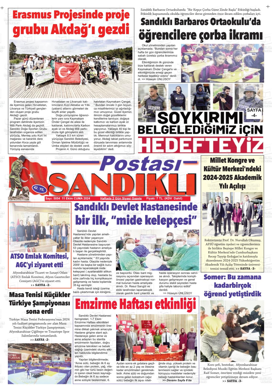 11 Ekim 2024 Sandıklı Postası Gazete Manşeti