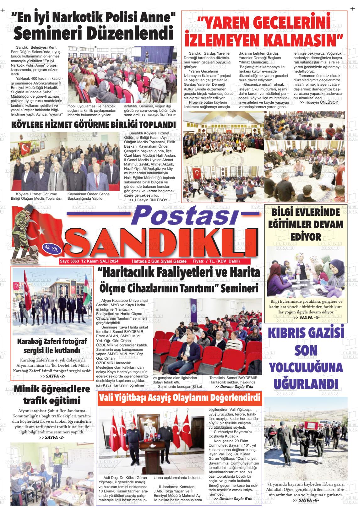 12 Kasım 2024 Sandıklı Postası Gazete Manşeti