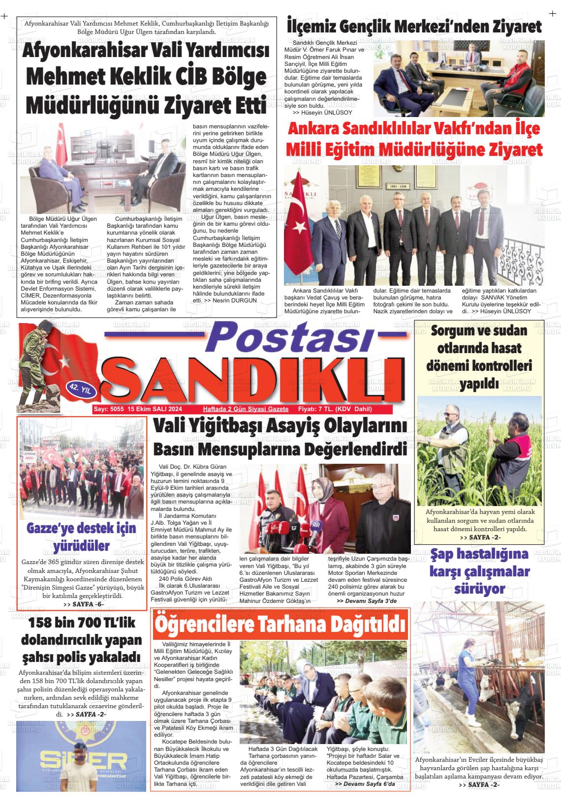 15 Ekim 2024 Sandıklı Postası Gazete Manşeti