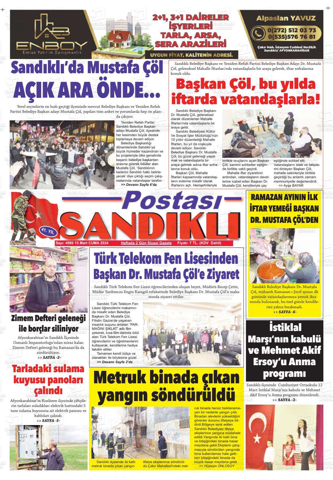 15 Mart 2024 Sandıklı Postası Gazete Manşeti