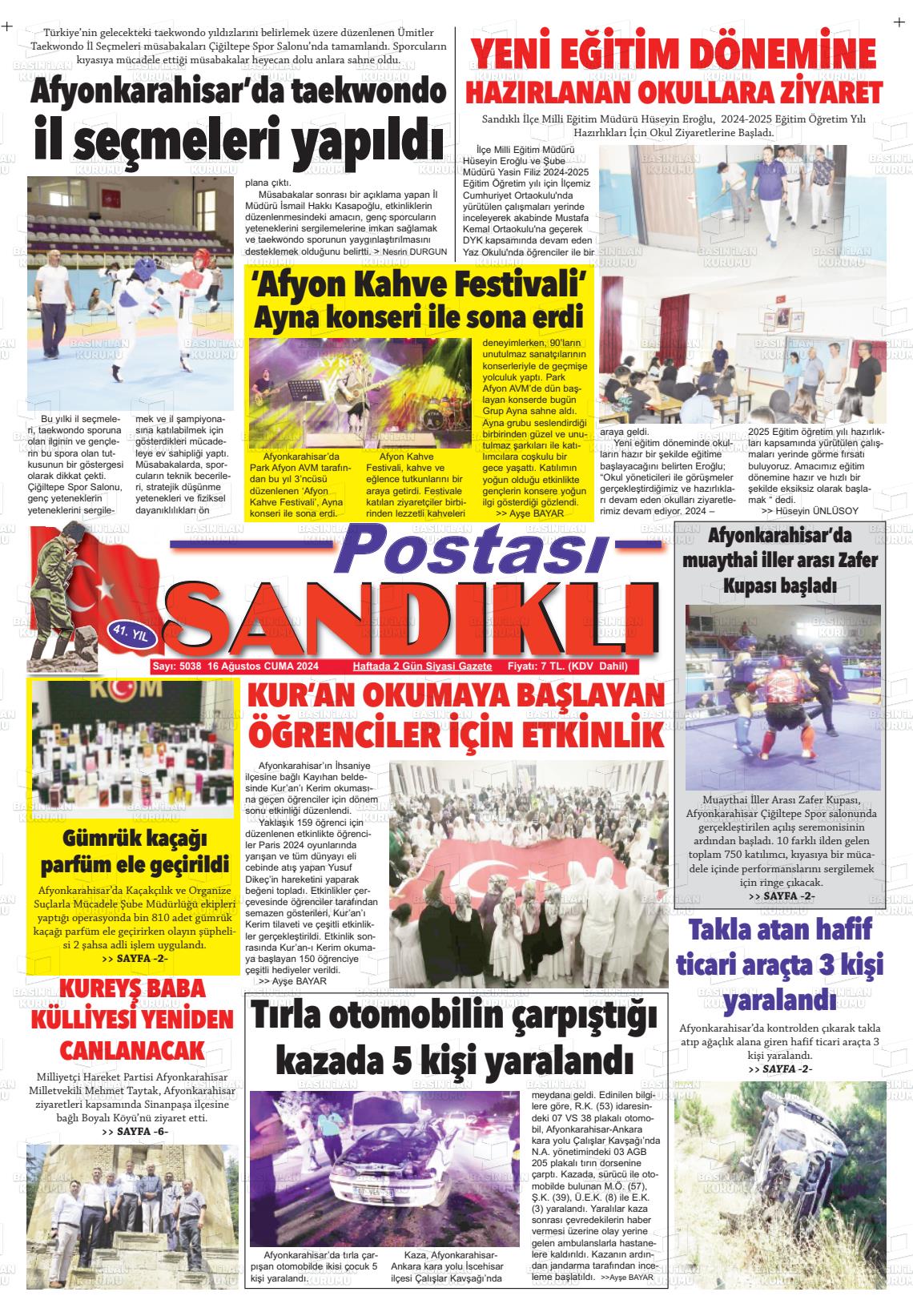 16 Ağustos 2024 Sandıklı Postası Gazete Manşeti