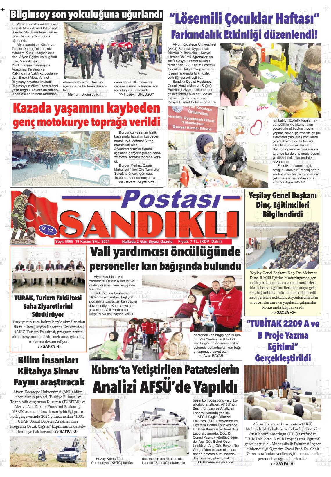 19 Kasım 2024 Sandıklı Postası Gazete Manşeti