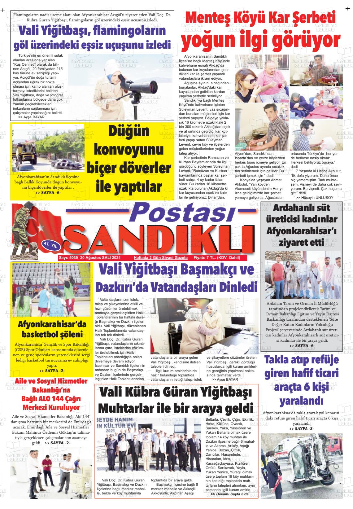 20 Ağustos 2024 Sandıklı Postası Gazete Manşeti