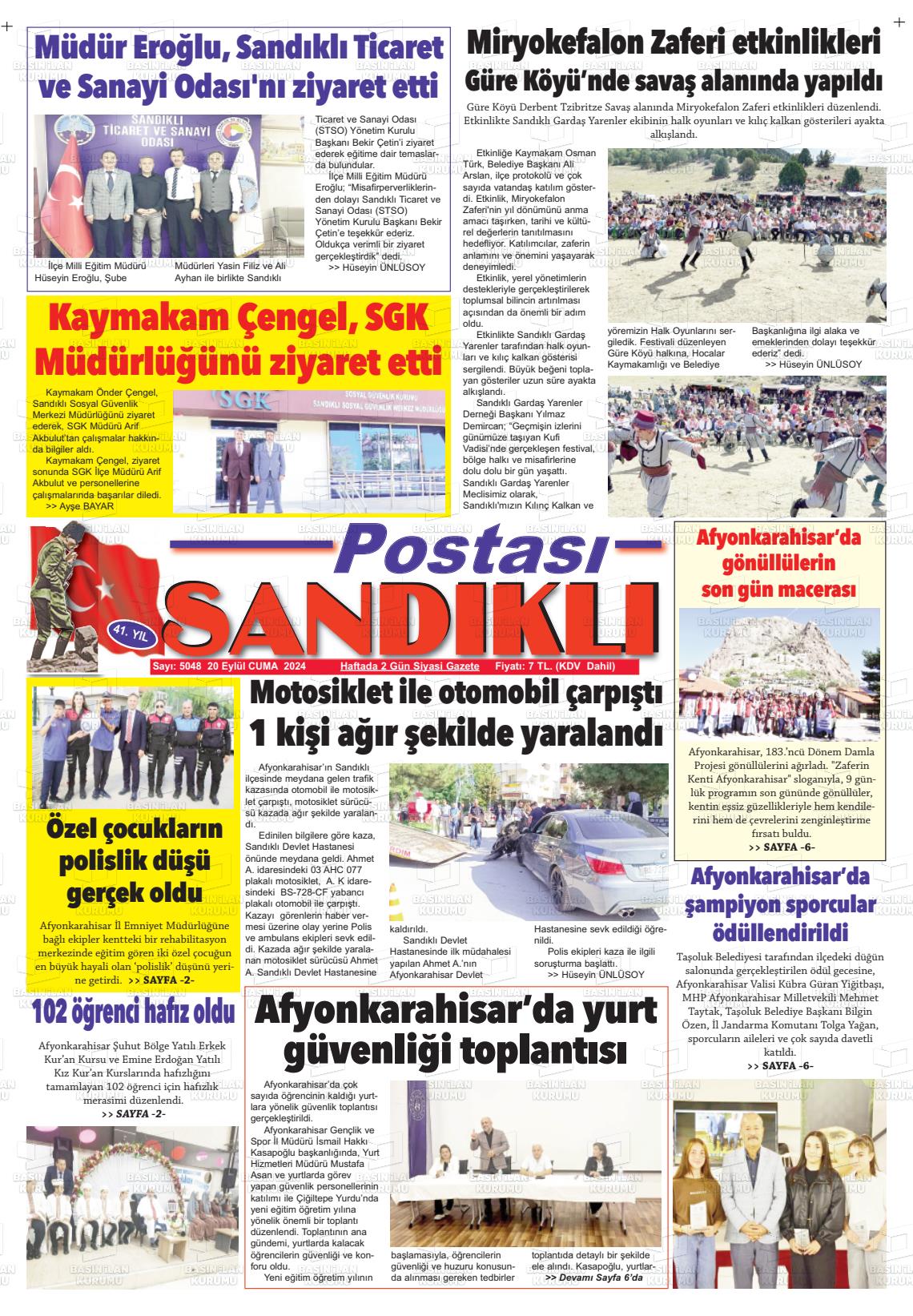 20 Eylül 2024 Sandıklı Postası Gazete Manşeti