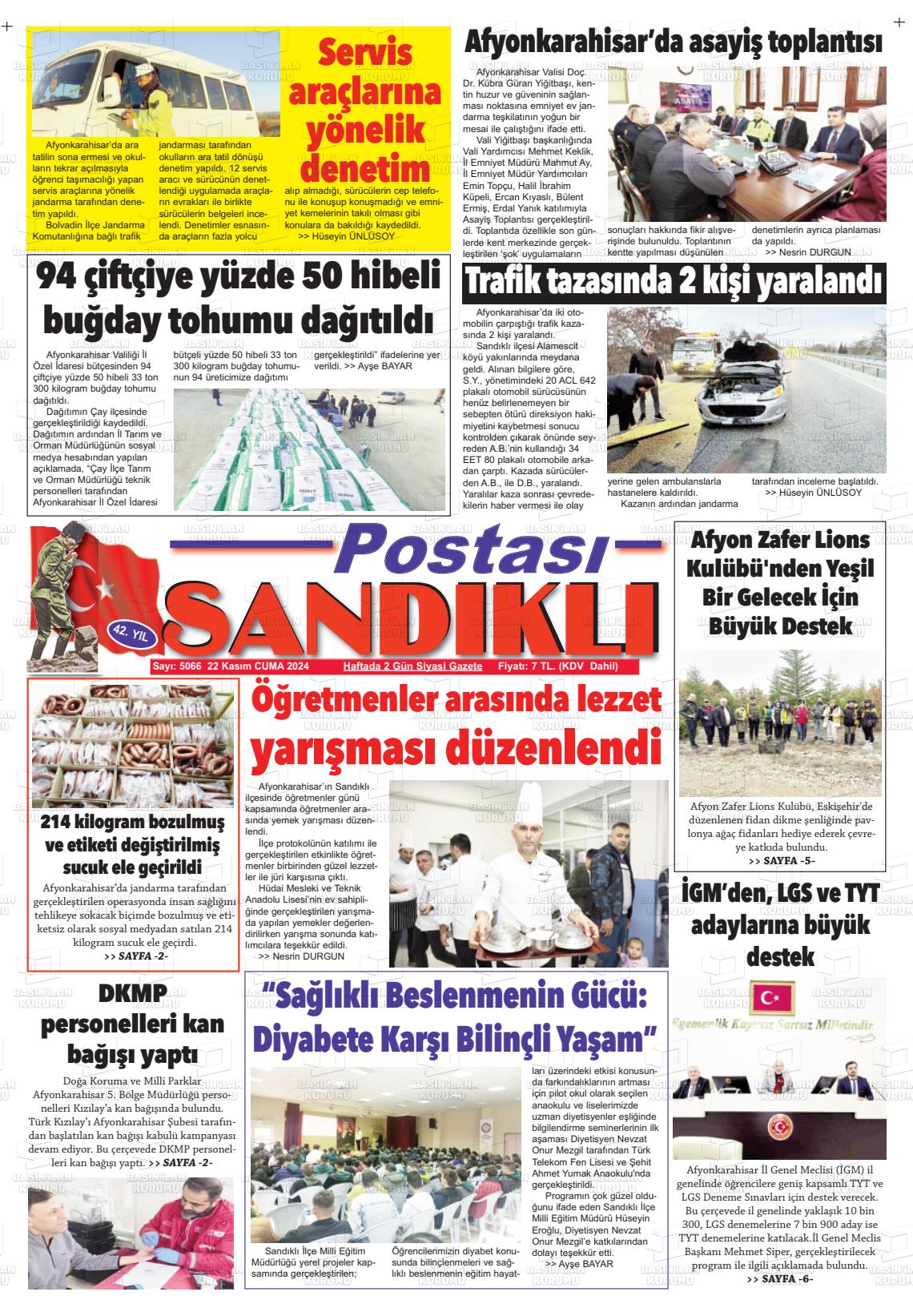 22 Kasım 2024 Sandıklı Postası Gazete Manşeti