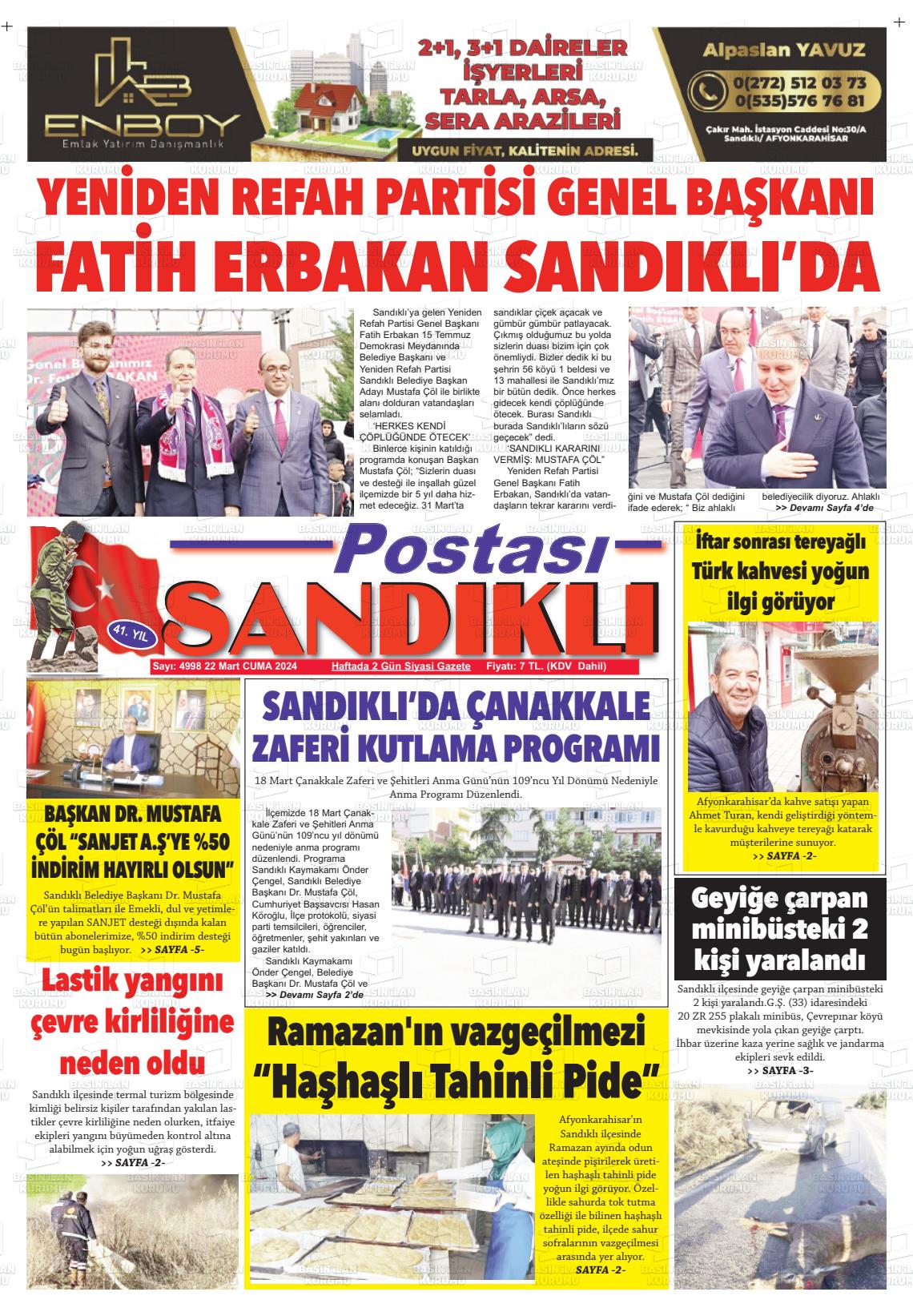 22 Mart 2024 Sandıklı Postası Gazete Manşeti